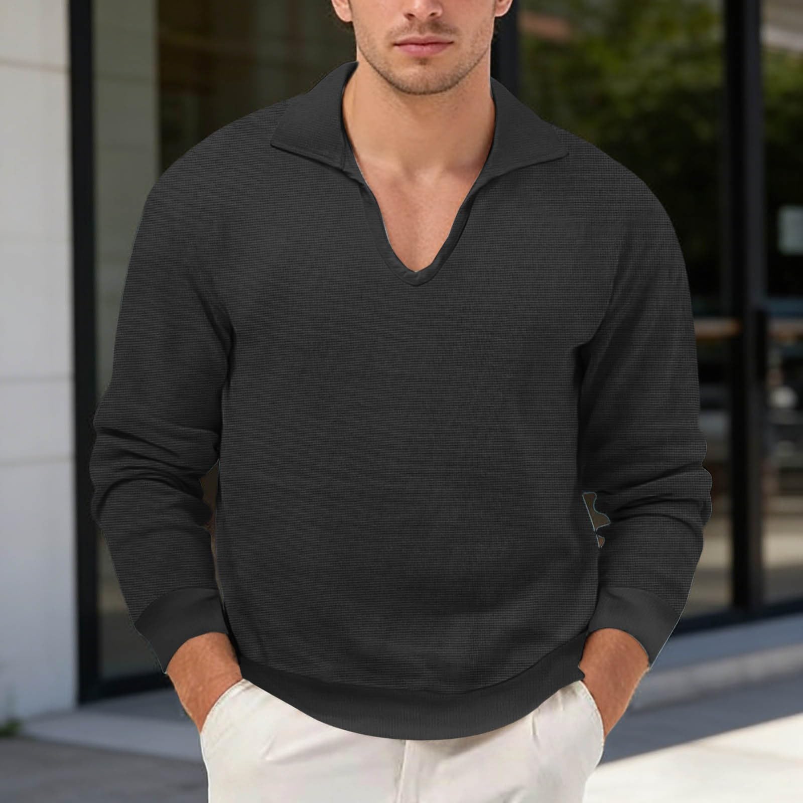 Generico Magliette Palestra Uomo T Shirt Cotone Scollo a V Maglietta da con Collo Elastico Undershirts Seamless Regular Traspirante Maglia Maniche Lunghe in Tessuto per Casual Estivo Comodo Girocollo