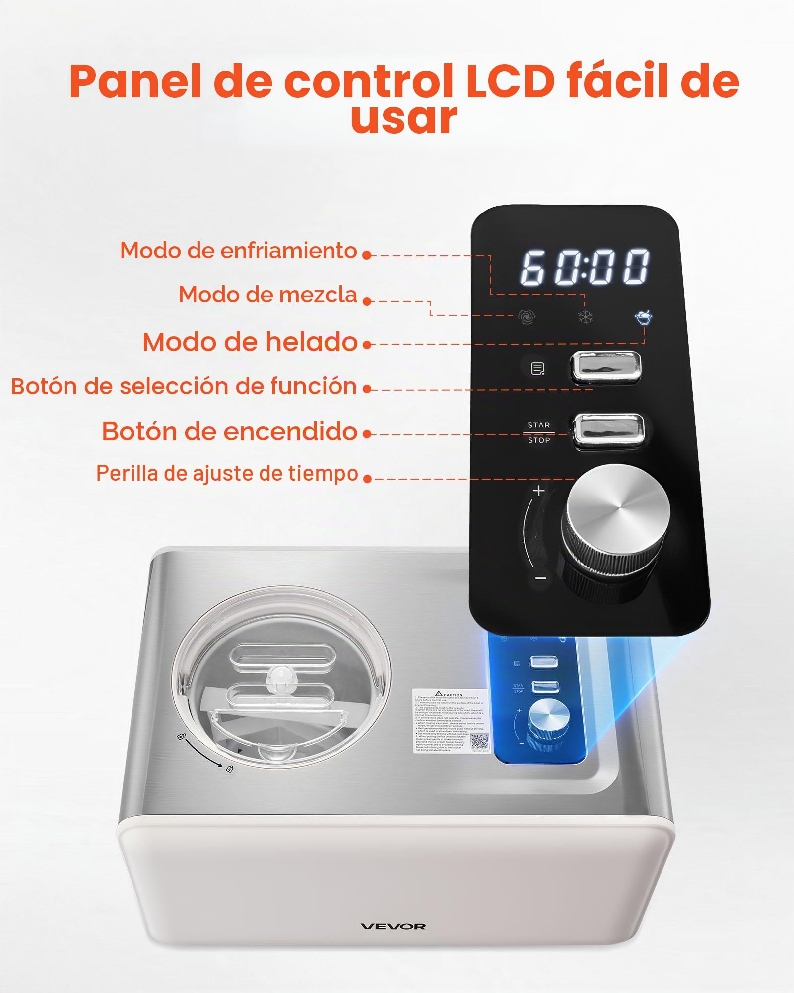 VEVOR Máquina Automática para Hacer Helados 2 L con Compresor Incorporado sin Precongelación Heladera Automática de 3 Modos 425 x 290 x 245 mm con Tapa Transparente para Cocina Doméstica, Blanco