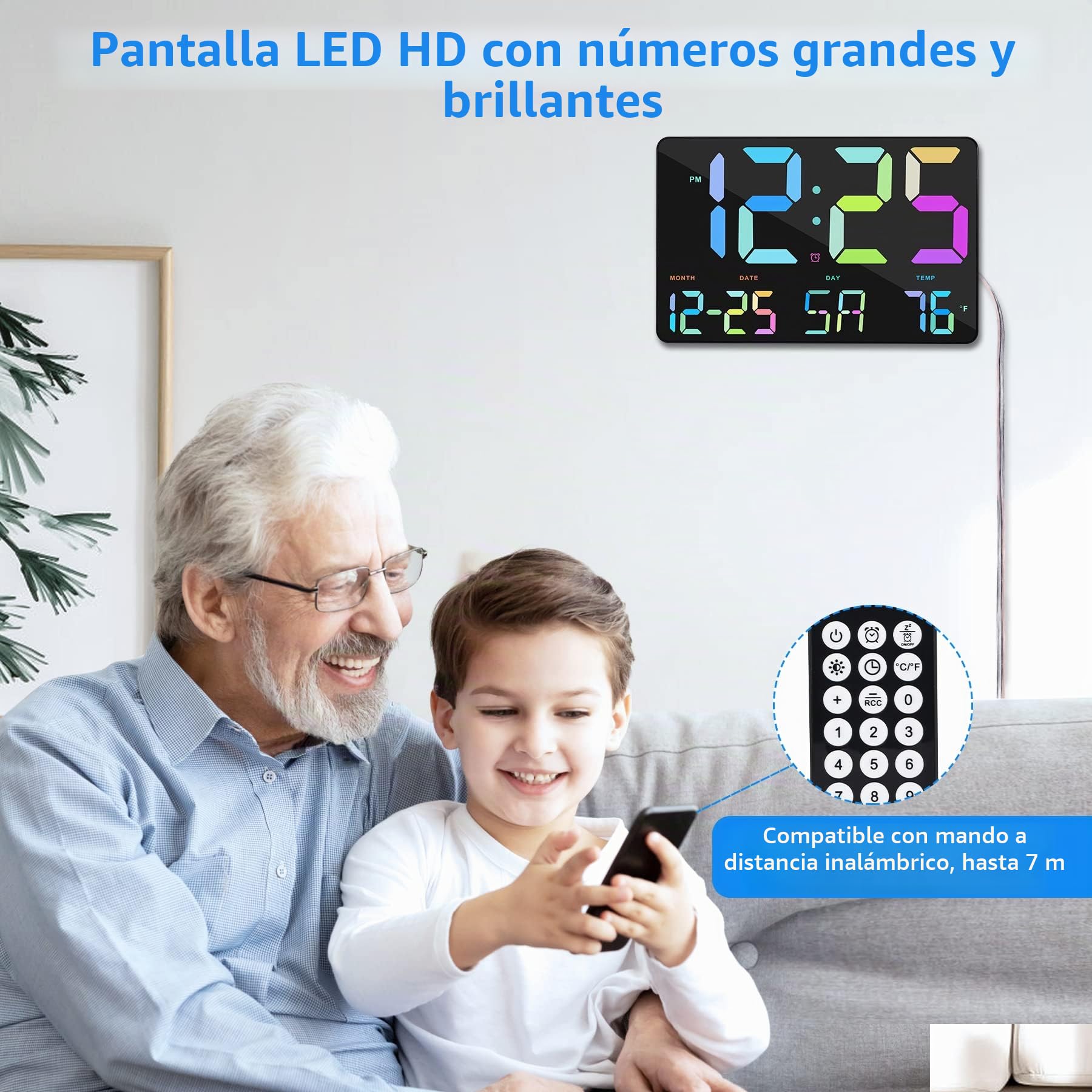 Reloj de pared digital de 11,5 pulgadas, reloj de pared digital grande con control remoto, reloj despertador digital con fecha, día, temperatura,figuras de color,para sala de estar,oficina,escuela