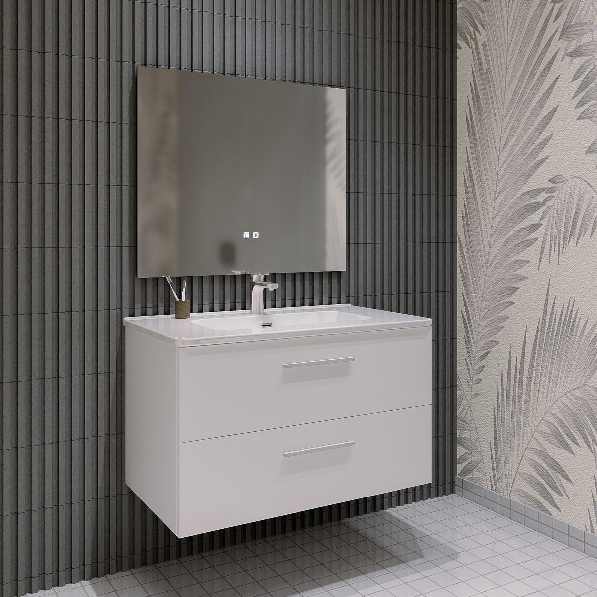 MarinelliGroup Mobile bagno SOSPESO 60 80 100 120 cm con lavabo in ceramica 2 cassetti LINDA (120 cm, Bianco)