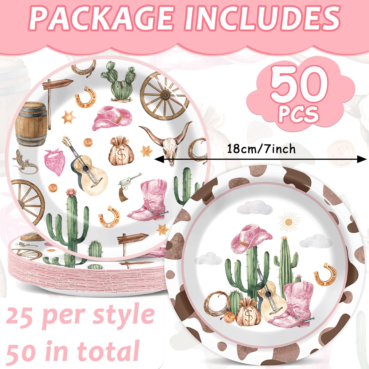 50pcs Western Cowgirl Party Paper Plates Cowgirl Party Decorations for Girls Pink Western Theme Dessert Plates Wild West Cow Print Tableware Decor for Baby Shower Rodeo Birthday Serves 50 - Image 2