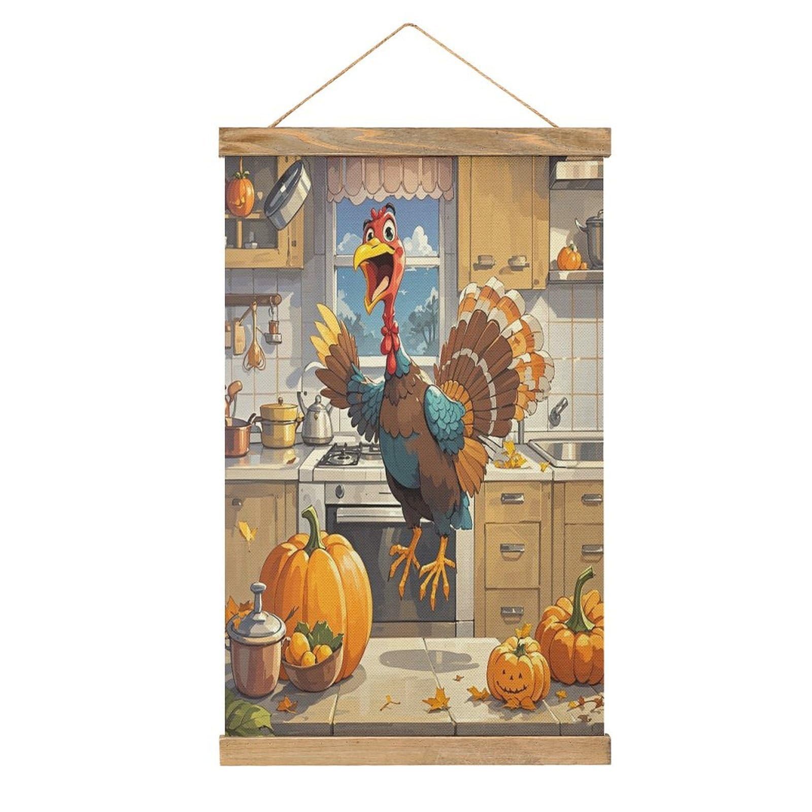 VstaDank Pumpkin And Turkey Hanging Poster with Wooden Frame Modern Linen Hanging Painting Retro Style Wall Decor Art Painting for Living Room,Bedroom Decor Poster Frame 20.4x13.1inch