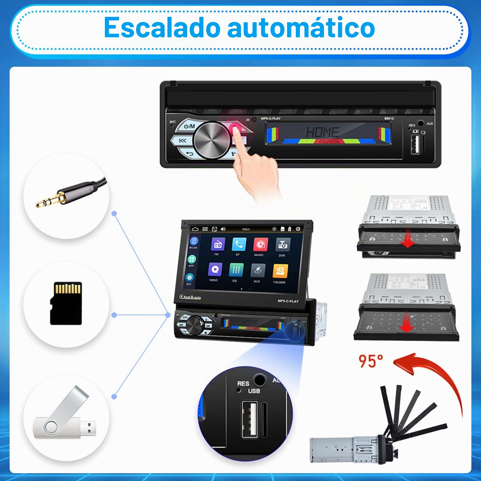Hikity Radio Coche 1 Din Carplay con Pantalla Táctil Extensible Automática de 7pulgadas Radio de Coche Autoradio con Bluetooth Manos Libres Mirror Link Android Auto USB FM AUX Cámara de Visión Trasera