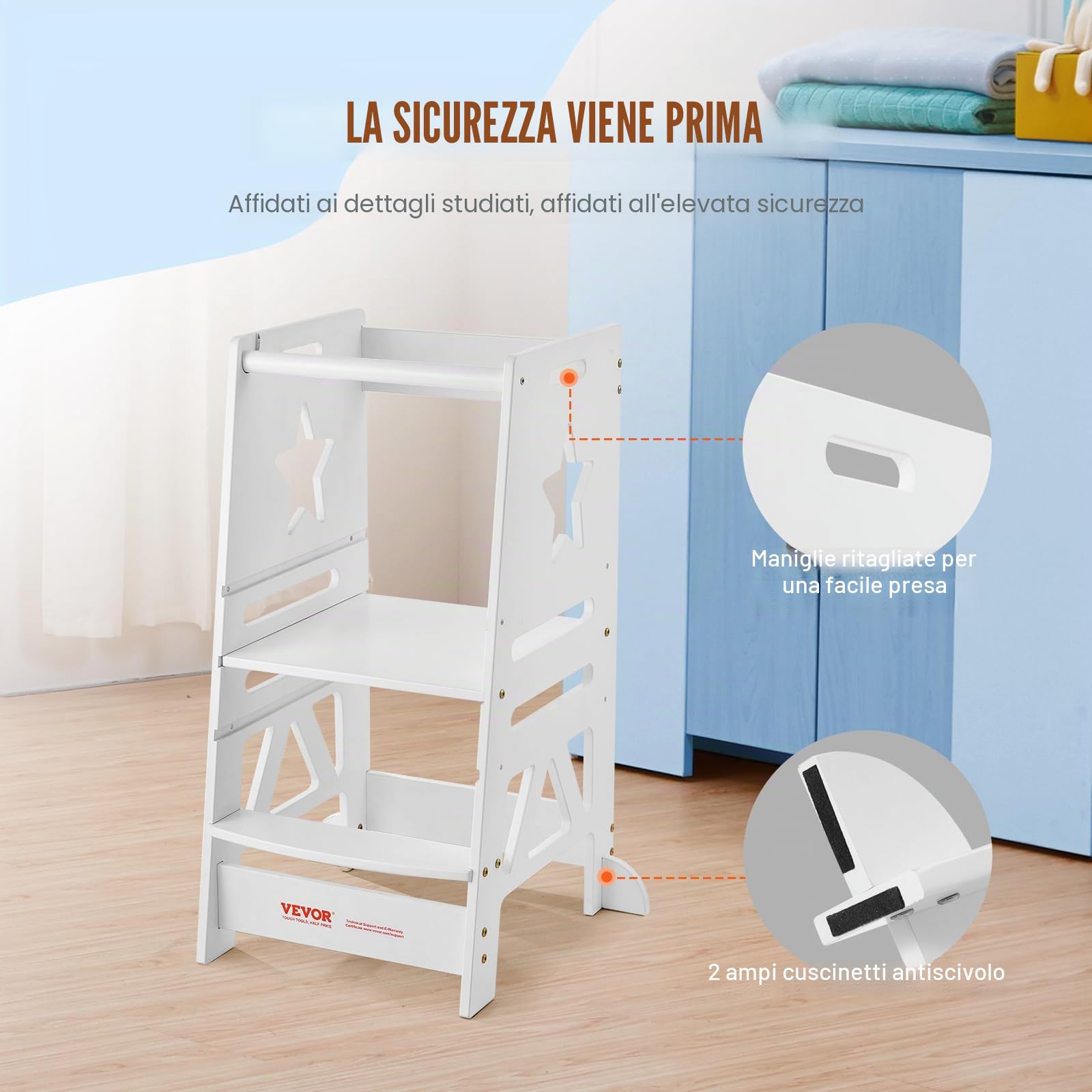 VEVOR Sgabello Bambini Carico max. 158kg Scaletta d'Apprendimento in Bambù, Rete di Sicurezza a 3 Altezze, Scaletta Torre Alzabimbo 844 x 553 x 482 mm da Cameretta Cucina Bagno Soggiorno Bimbi Bianco