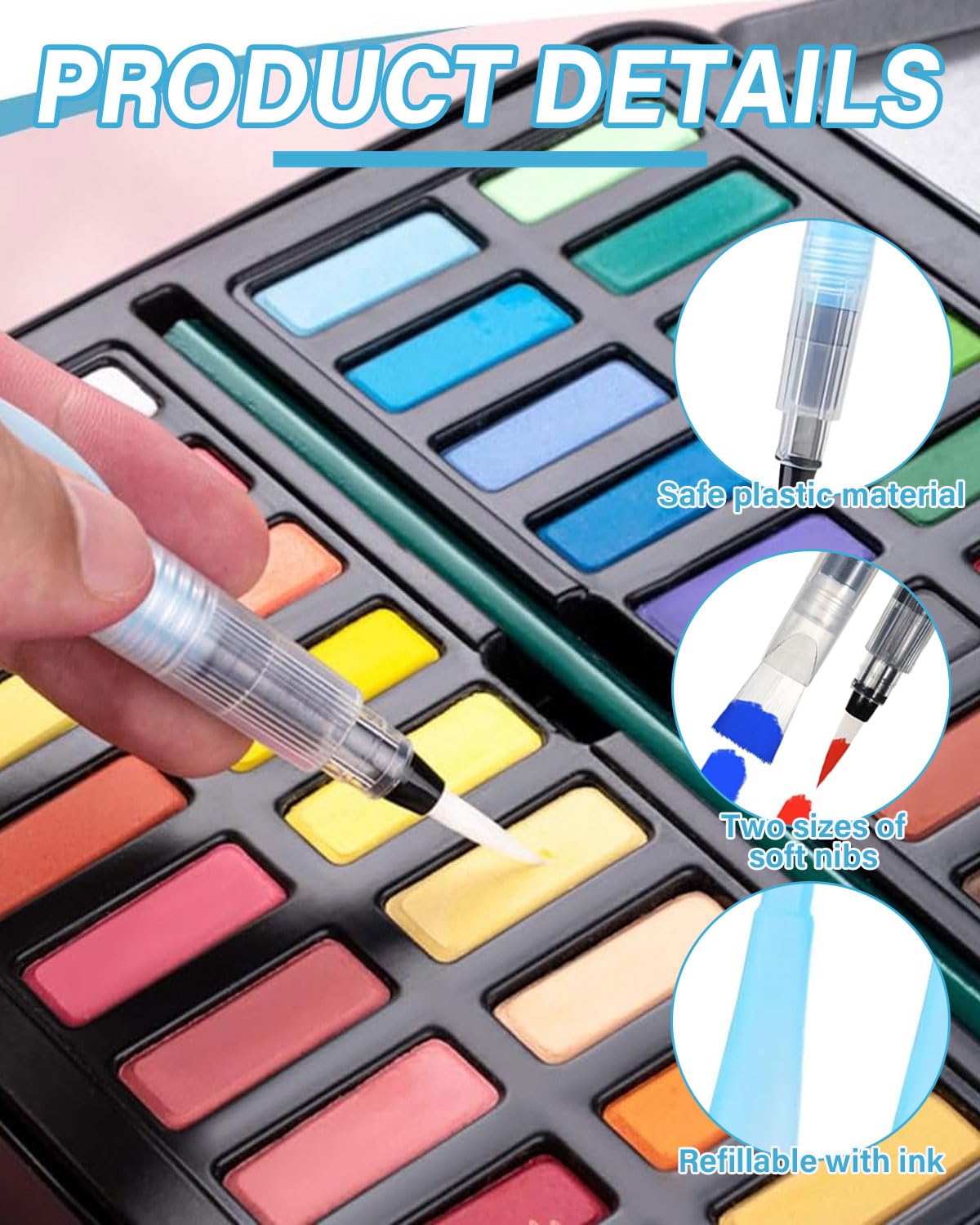6 Aquarellpinsel, Künstlerpinsel-Set, blaue, leere Kunststoffpinsel mit nachfüllbarer Kartusche, geschärfte Spitzen, geeignet für Aquarellmalerei und -zeichnungen, drei Größen