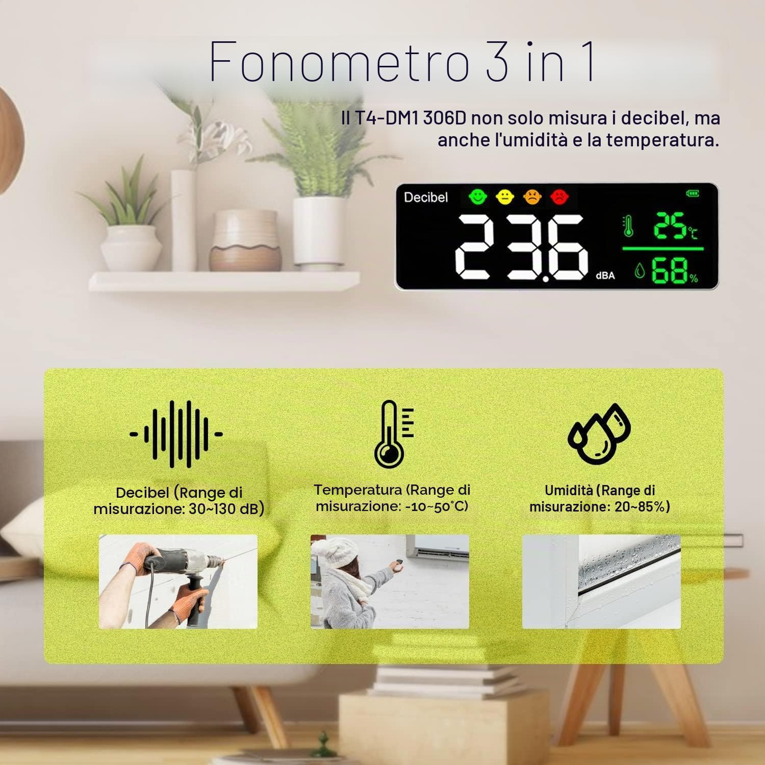 Misuratore digitale decibel db, rilevatore di rumore intelligente con indicatore LED, indicatore di rumore, temperatura decibel con registrazione umidità 30-130 dB gamma rumore decibel metro
