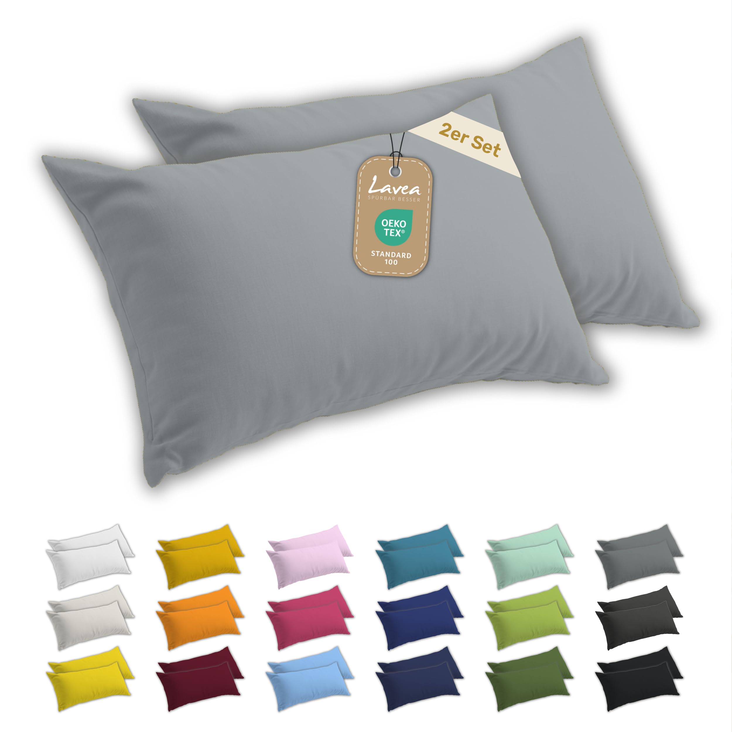 Lavea® 2er Set Kissenbezug 40x60, Kissenhülle Sparpack, 100% Baumwolle Jersey, Kissenbezug Baumwolle, Kissenbezüge 2 Stück, Oeko-Tex Zertifiziert, YKK-Reißverschluss, Hautfreundlich, Silber