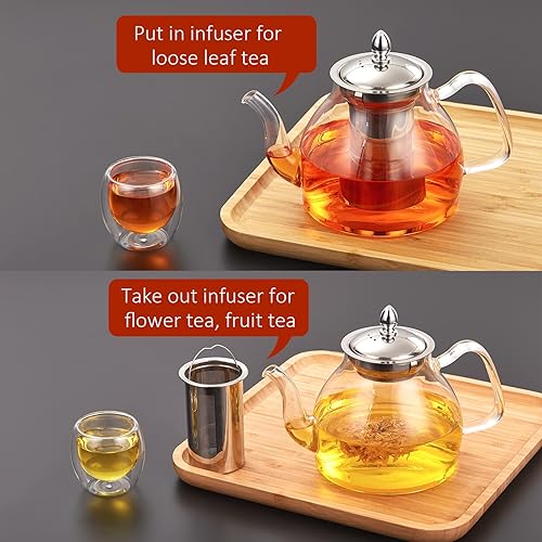Miniatura 5 de Tetera de vidrio, 40 onzas  40.6 fl oz con infusor de acero inoxidable extraíble para té floreciente y té de hojas sueltas, tetera de cuello de
