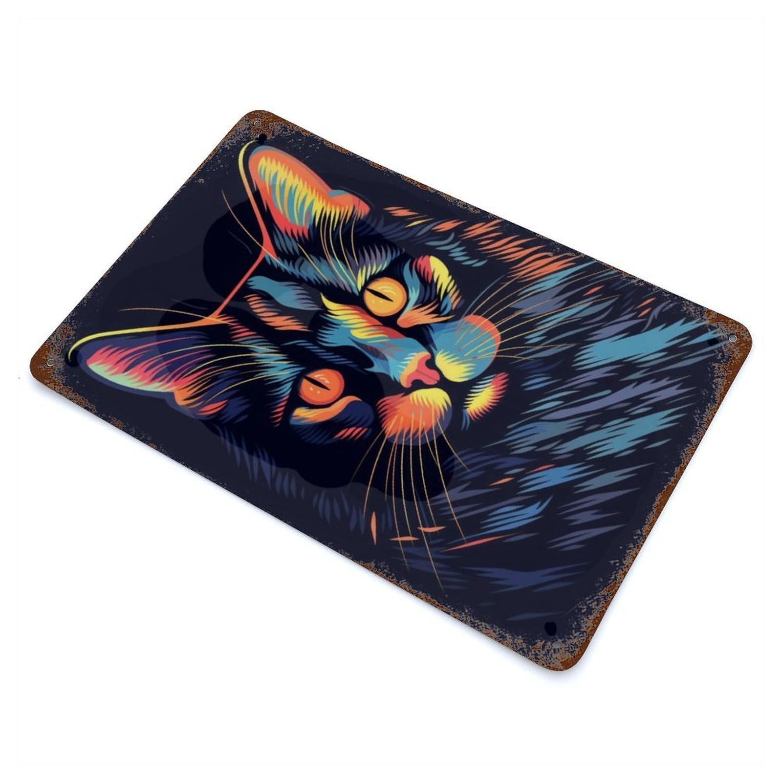 Cat Popart Aged Metal Wall Plaque 11.8"x7.9", Decorative Metal Wall Art for Garage, Pub Or Kitchen