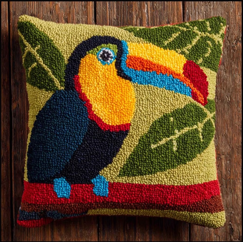 kitphoenix Latch Hook Cushion Kits for Adults 17X17Inch,Toucan Latch Hook Pillow Case Kits Embroidery Kits 43X43Cm, DIY Needlework Pillow Cover Cushion Rug Making Kit, DIY Craft Kit for Women