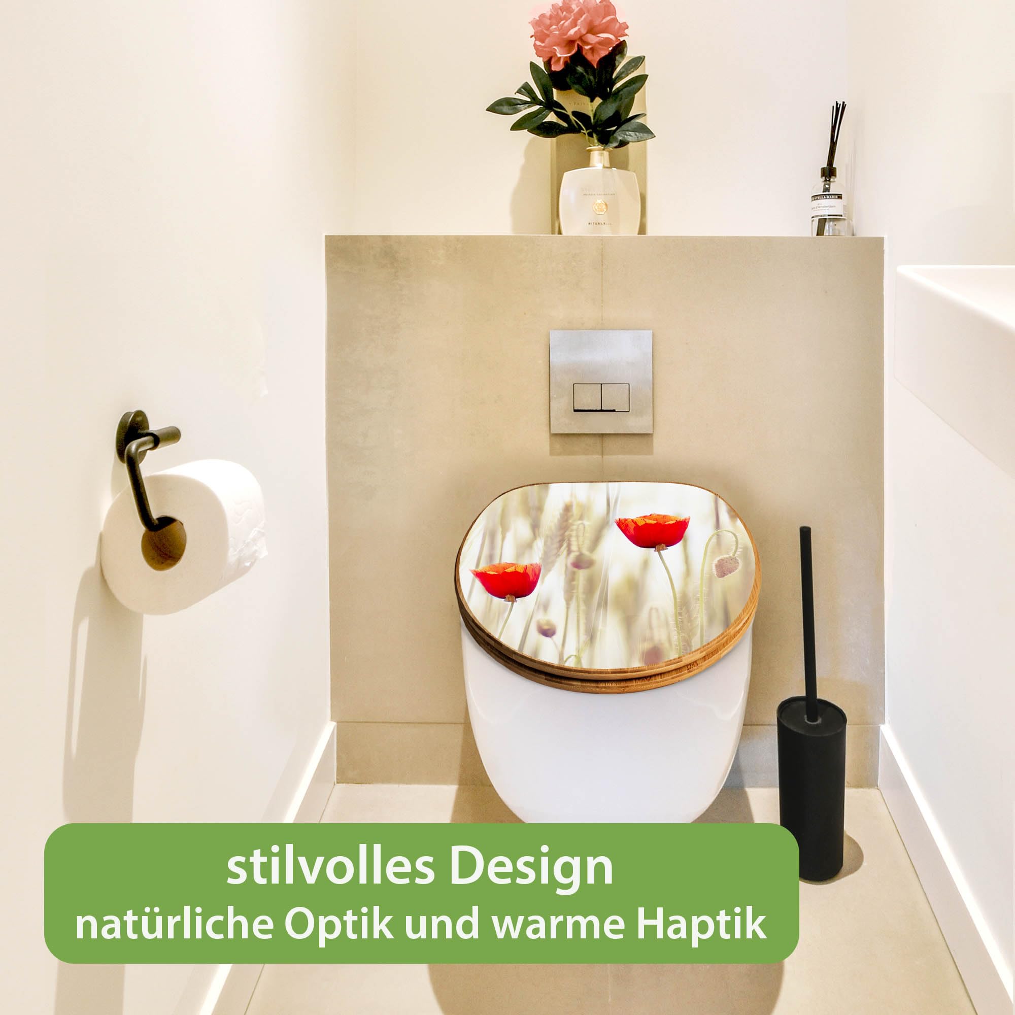 banjado Design WC Sitz Bambus Absenkautomatik 45,8x37,5cm - Toilettendeckel mit Absenkautomatik Holz - hochwertiger Bambus Klodeckel - WC-Sitz für gängigen Toiletten - Motiv Klatschmohn