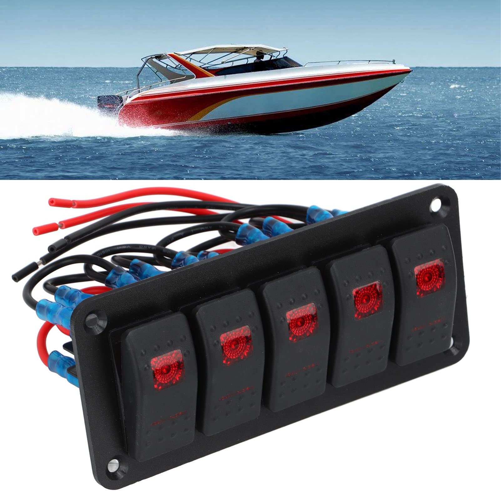Tissting Pannello Interruttori 5 Gang 12V/24V 20A/10A Impermeabile Pulsantiera Barca con Etichette, LED Luce Rossa Retroilluminata Interruttori a Levetta per Auto Barca Camper