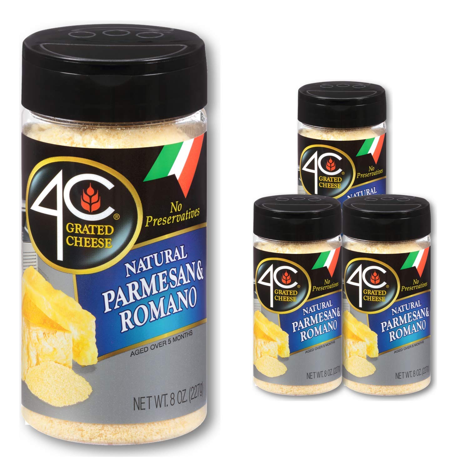 4C Premium Grated Cheese Cannisters, All Natural, No Preservatives, Perfect for Italian Pastas, Lasagnas, Popcorn and More (Parmesan Romano, 3 Pack)