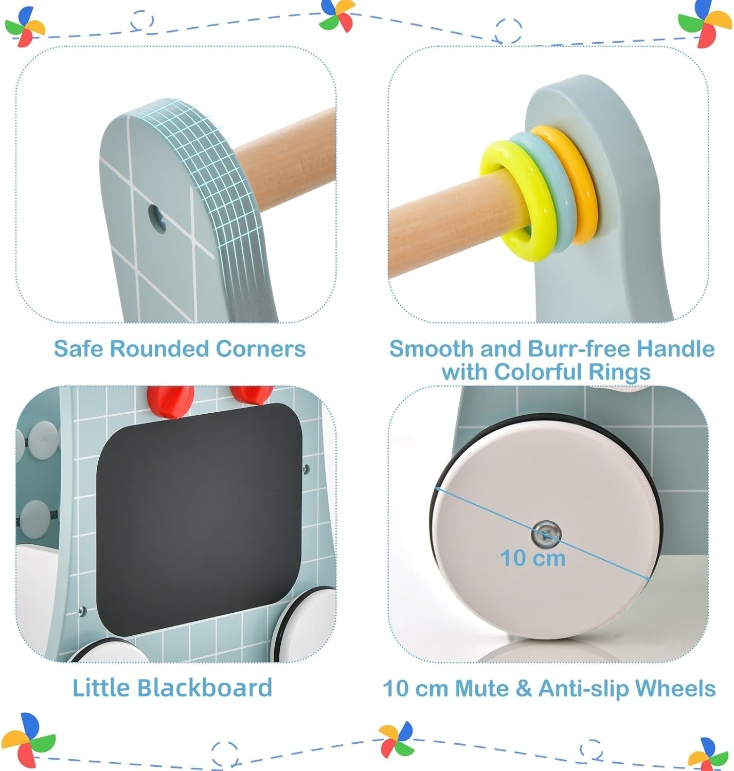 LIFEZEAL Girello per Bambini, Girello Neonato, in Legno, Girello con Giocattoli Montessori, Baby Walker, Primi Passi, Carrellino per Bimbi da 12 mesi a 36 mesi, Carrello Primi Passi con Ruote, Blu
