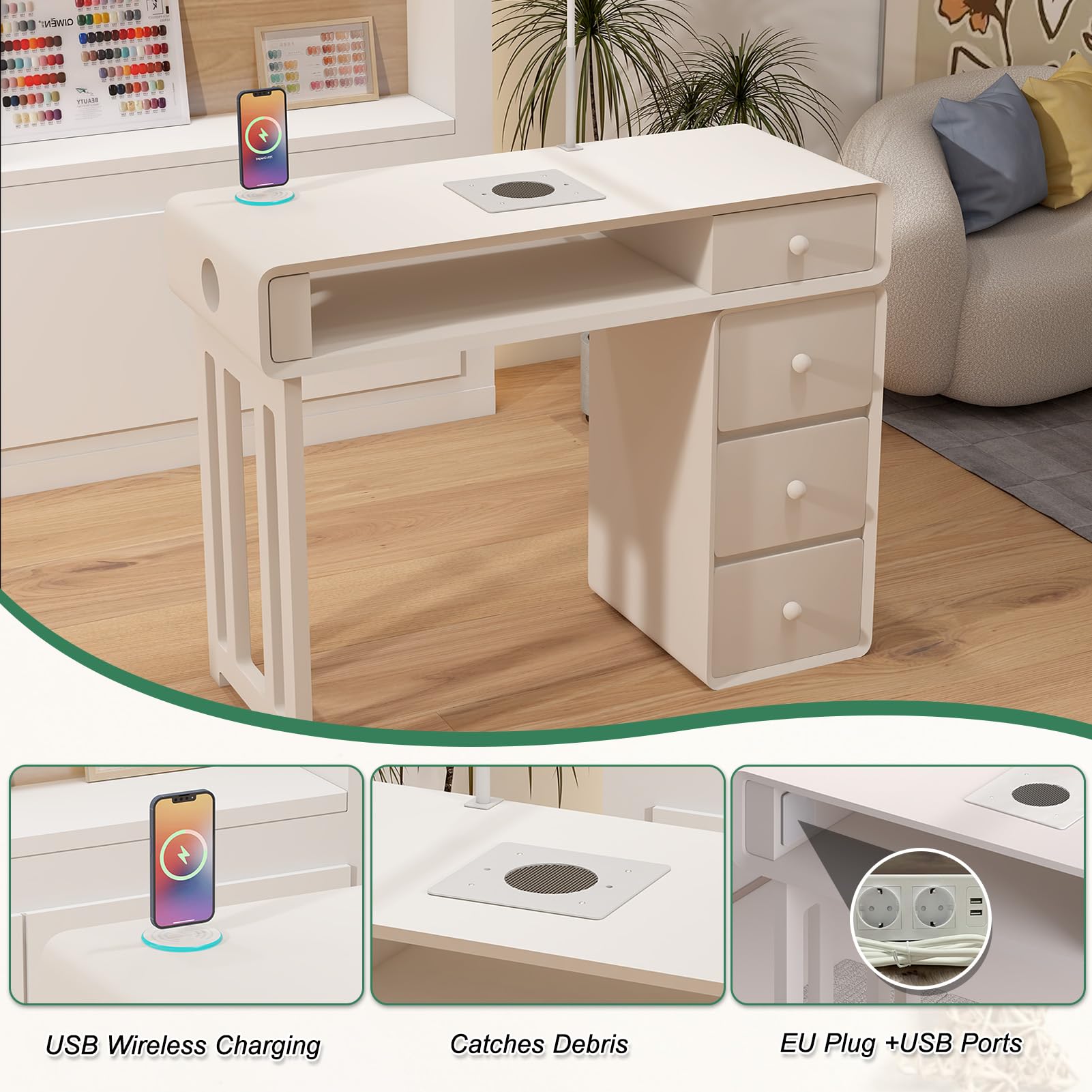 Moderne Maniküre Tisch – Multifunktionaler Nageltisch Mit Absaugung Beleuchtung Kabellosem Laden Und Staubabsaugsystem Für Nagelstudio Tisch Und Den Heimgebrauch (39.37IN/100CM)