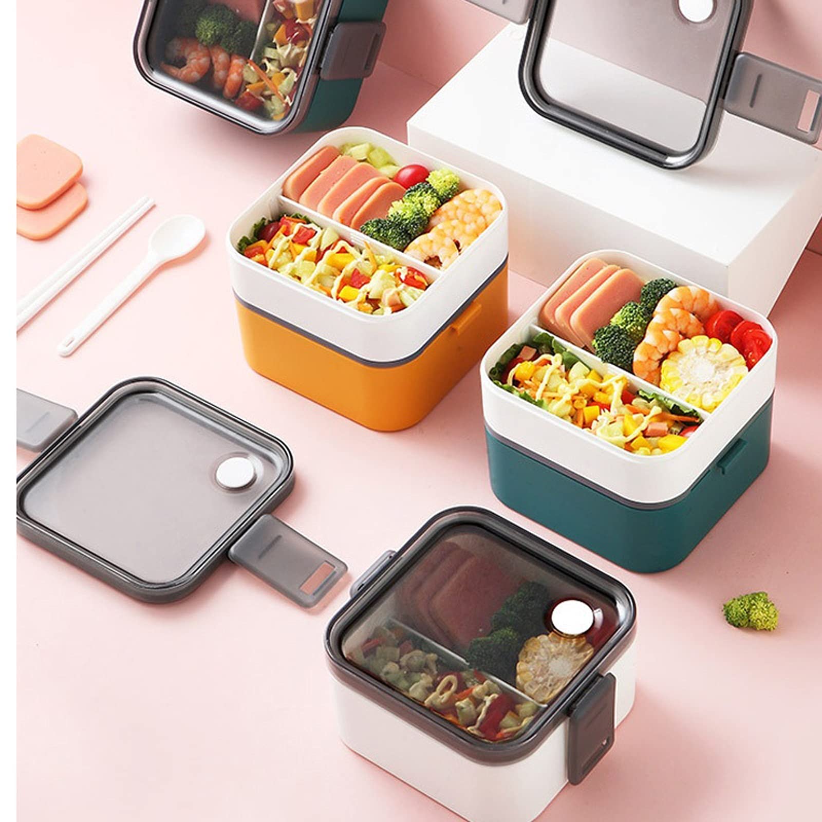 Brotdose, Bento-Boxen, einfache Lunchboxen, mikrowellengeeignet, separate tragbare Tischboxen(Green,500ml 800ml)