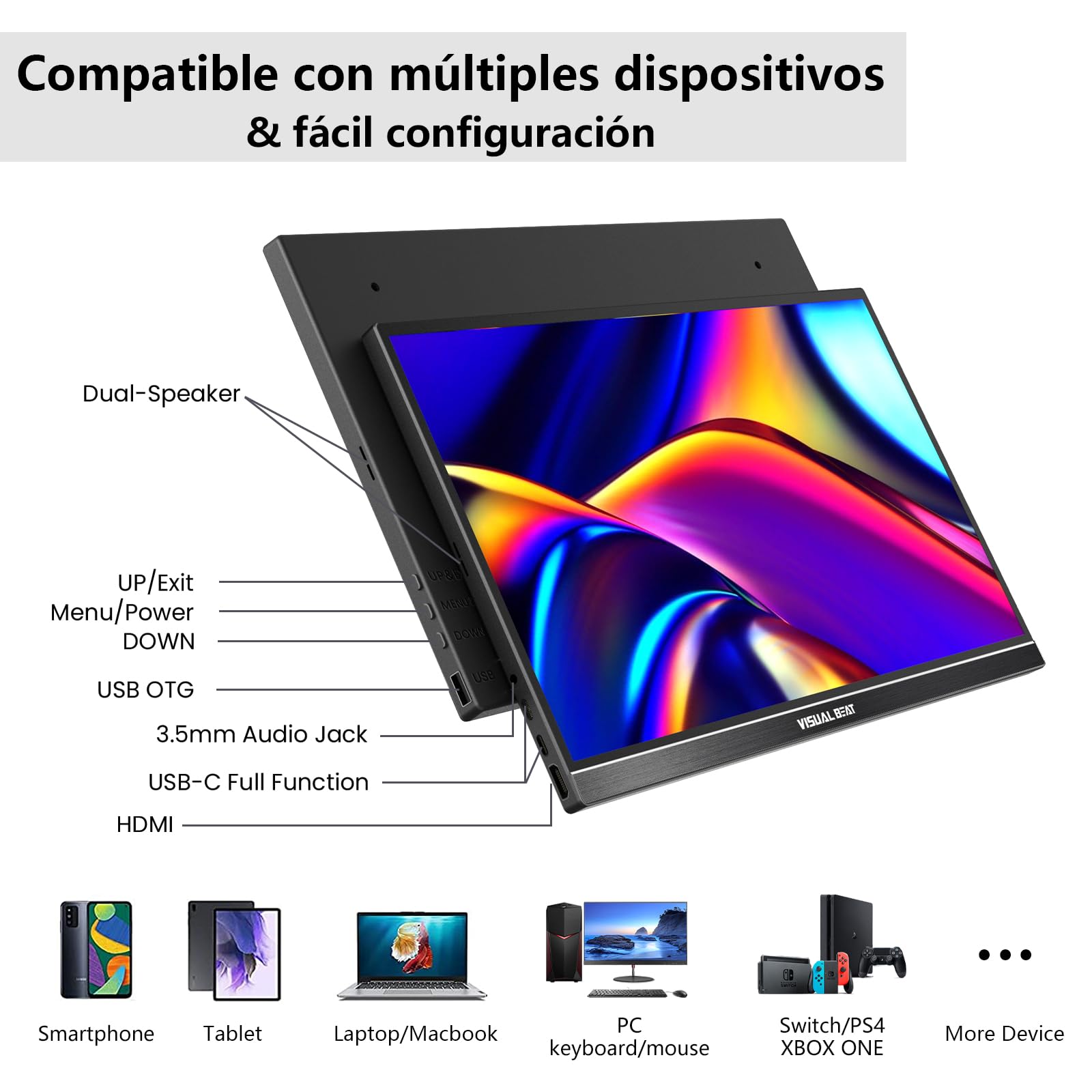 Visual Beat Monitor Portátil Táctil 15,6" Full HD 1080P, IPS 100% sRGB, USB-C y HDMI, Toque de 10 Puntos, Funda Soporte, VESA, para Portátil, PC, Mac y Switch