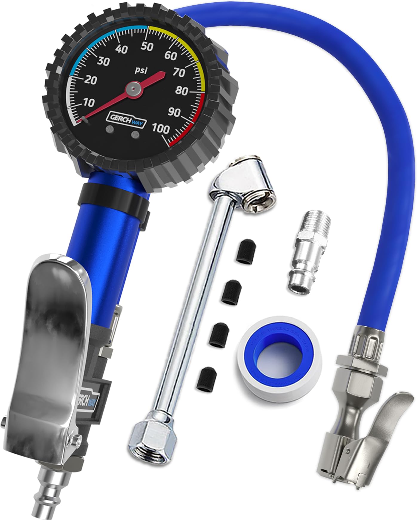 Tire Pressure Gauge with Inflator and Longer Hose - Most Accurate, Heavy Duty Air Chuck with Gauge for Air Compressor Tire Inflator Attachment - 100PSI