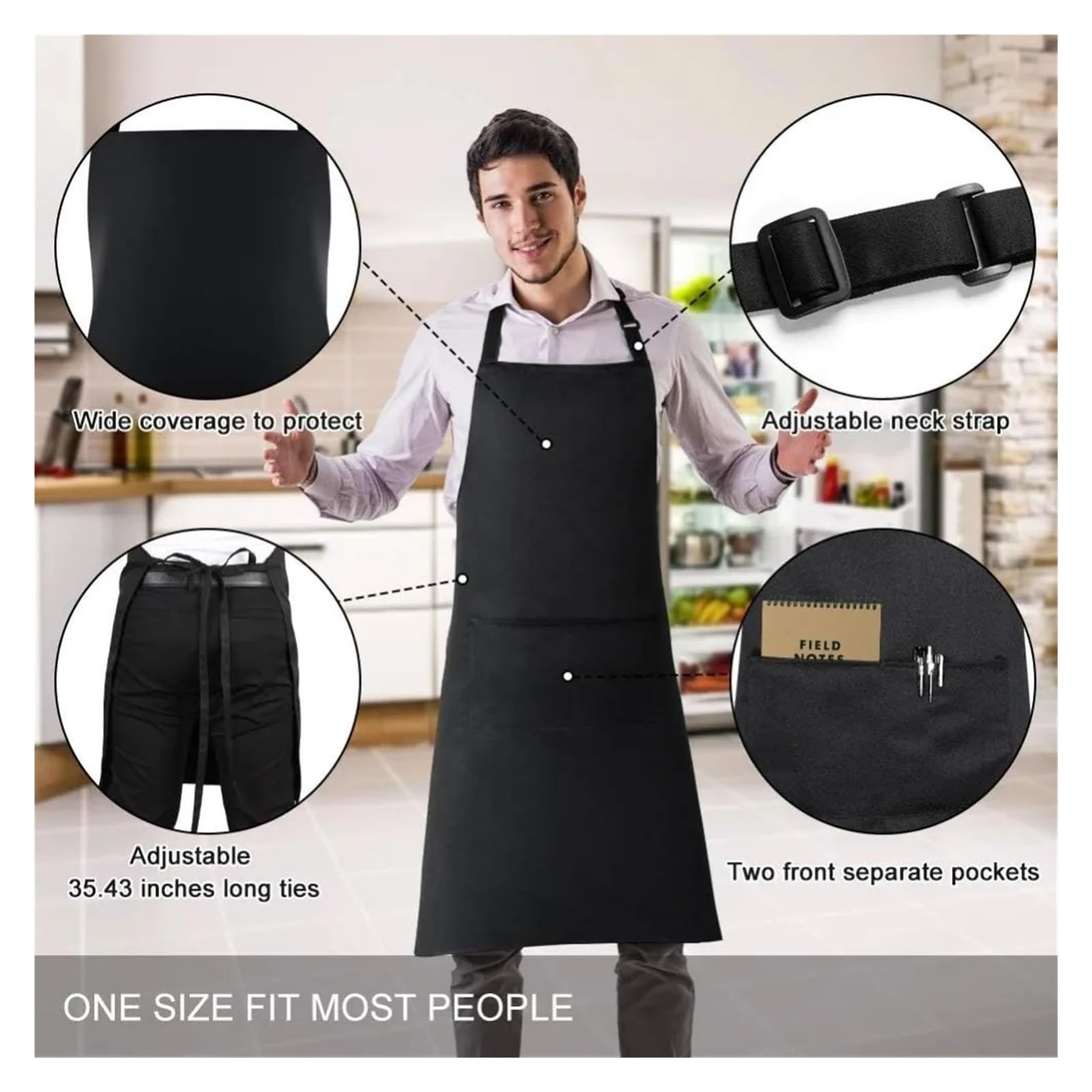Delantal Paquete de 2 delantales con pechera y bolsillos for chef cocina, color negro, for mujer hombre