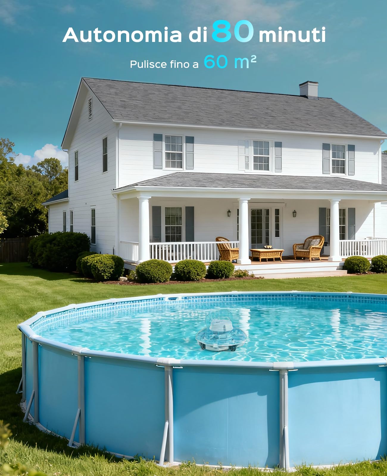 WINNY POOL CLEANER Winny 200 Robot Piscina, Piscina Senza Fili con Batteria, Autonomia 75 Min per Piscine Fuori Terra 60 m², Doppia Filtrazione, Parcheggio Automatico(Blu Marino-Bianco)