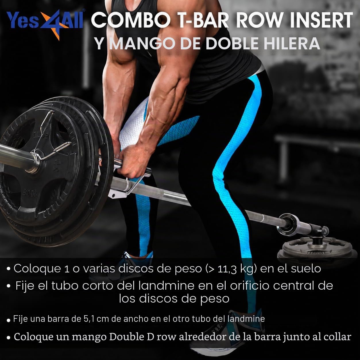 Yes4All YLTL Combo T-Bar Row Insert + Double D Handle, Fit 5cm Olympic Bars, Full 360° Swivel Great for Back, Muscle, Arm, Full-Body & Support Deadlifts, Squats for Home Gym