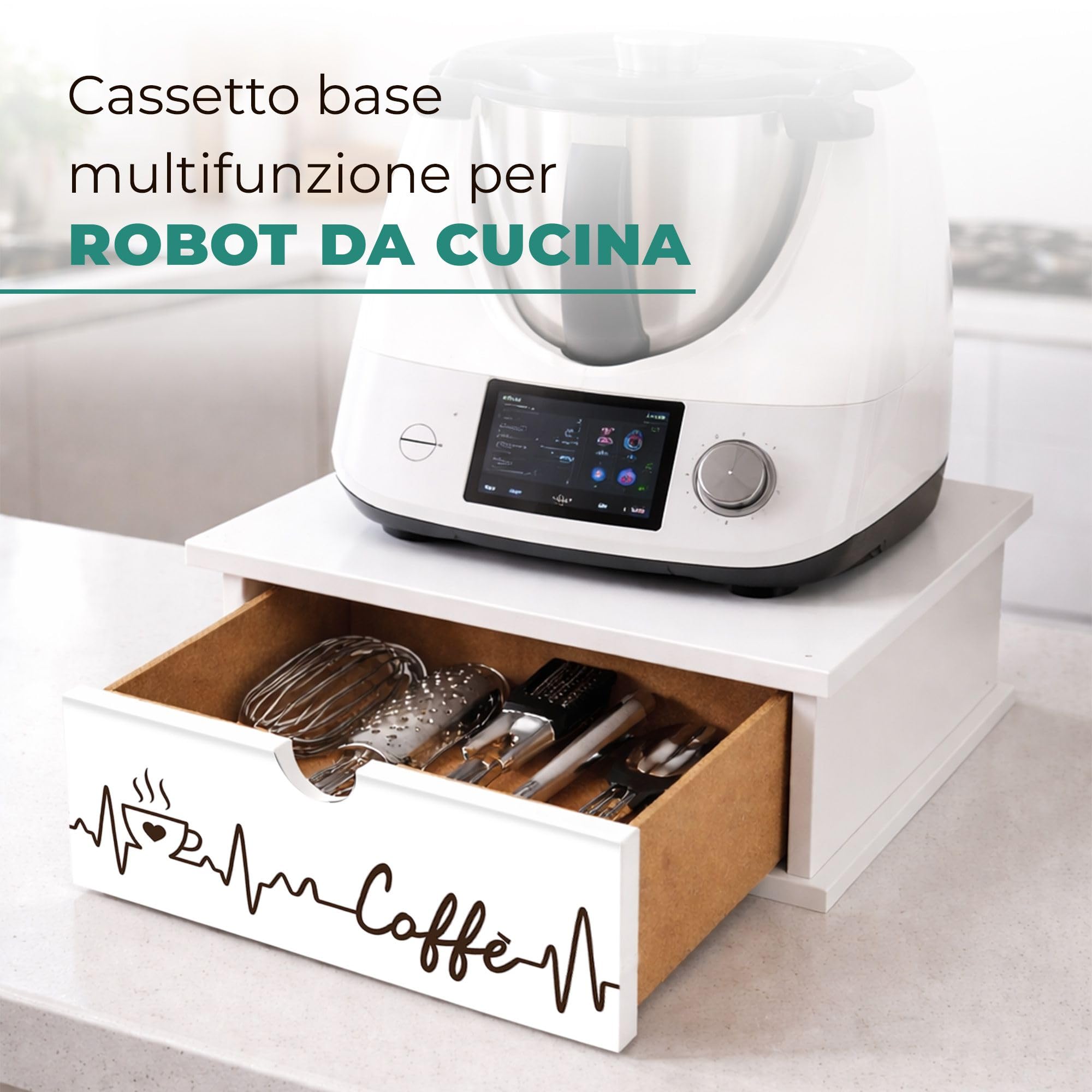 Lupia - Cassetto Porta Cialde Caffè e Porta Capsule 27x33x11 cm CAFFE' RHYTHM, Contenitore Organizer per Caffè, Tè, Tisane e Zucchero, Angolo Bar in Legno Bianco Antimacchia per casa e ufficio