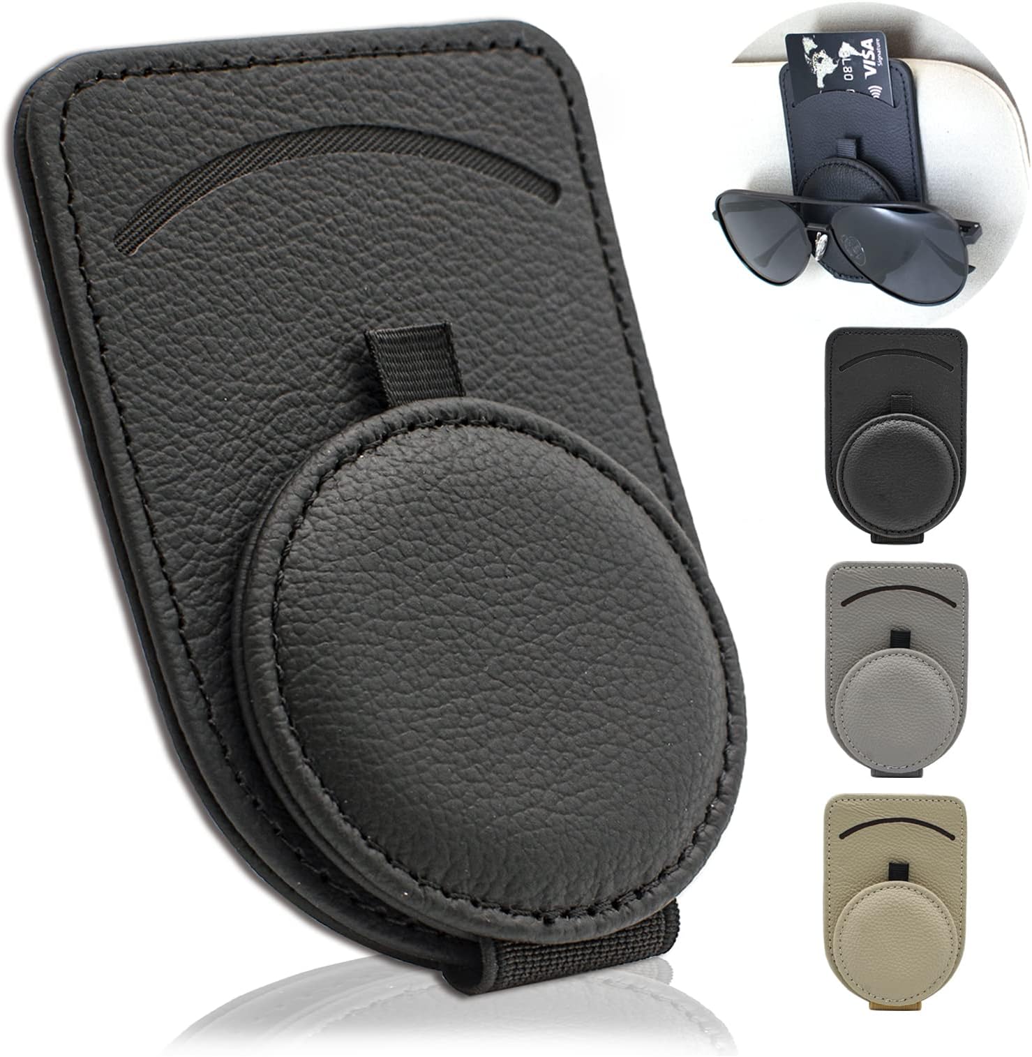 Sunglass Holder for Car Visor, Magnet Adsorbed Sunglasses Holder for Car Accessories Parts, Leather Car Sunglass Holder, Car Visor Sunglasses Clip for Glasses Cards (1PCS, Black)