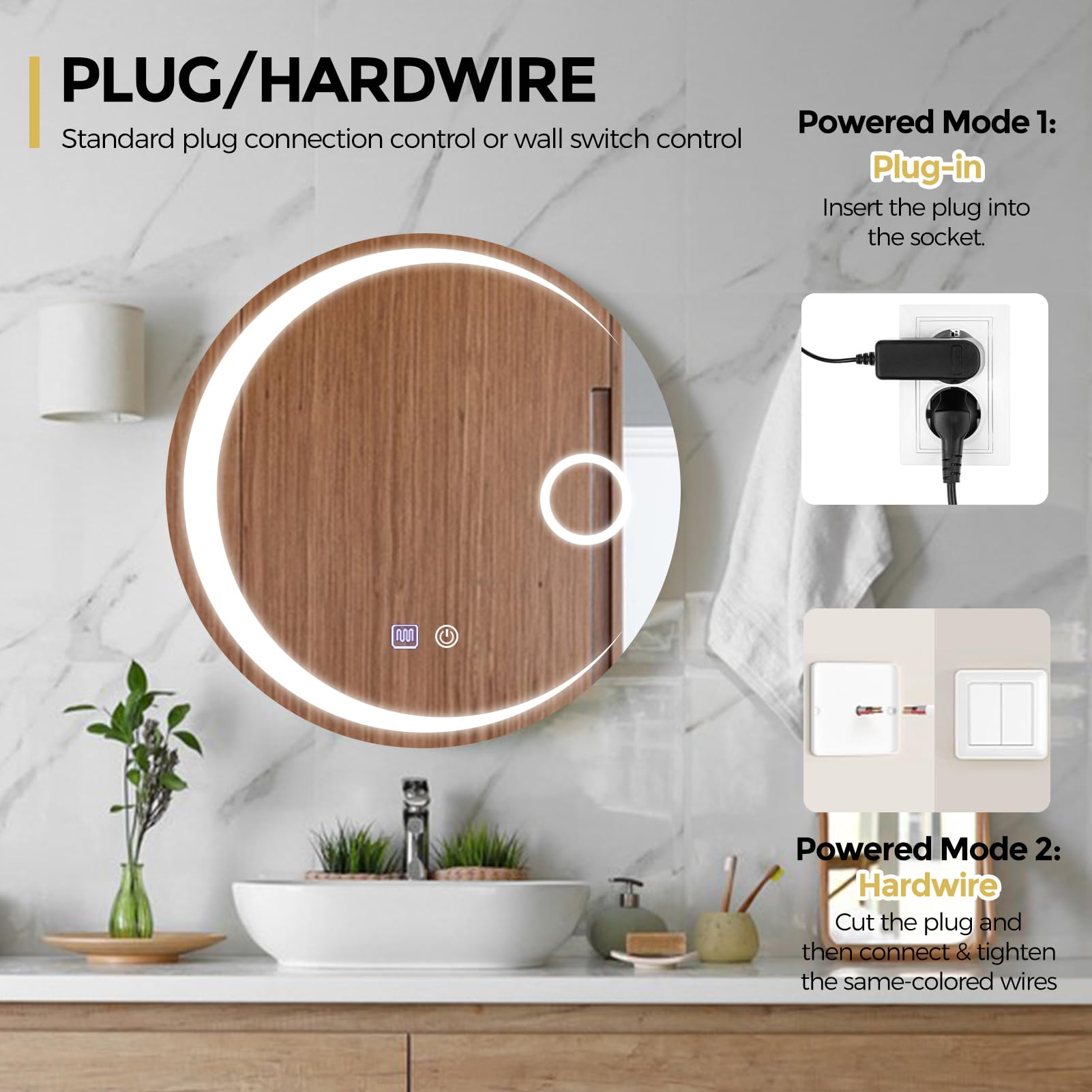Miroir Salle De Bain Rond 80 Cm Avec Lumière LED 3 Couleurs - Anti-buée, Montage Mural, IP44, Motif Décoratif