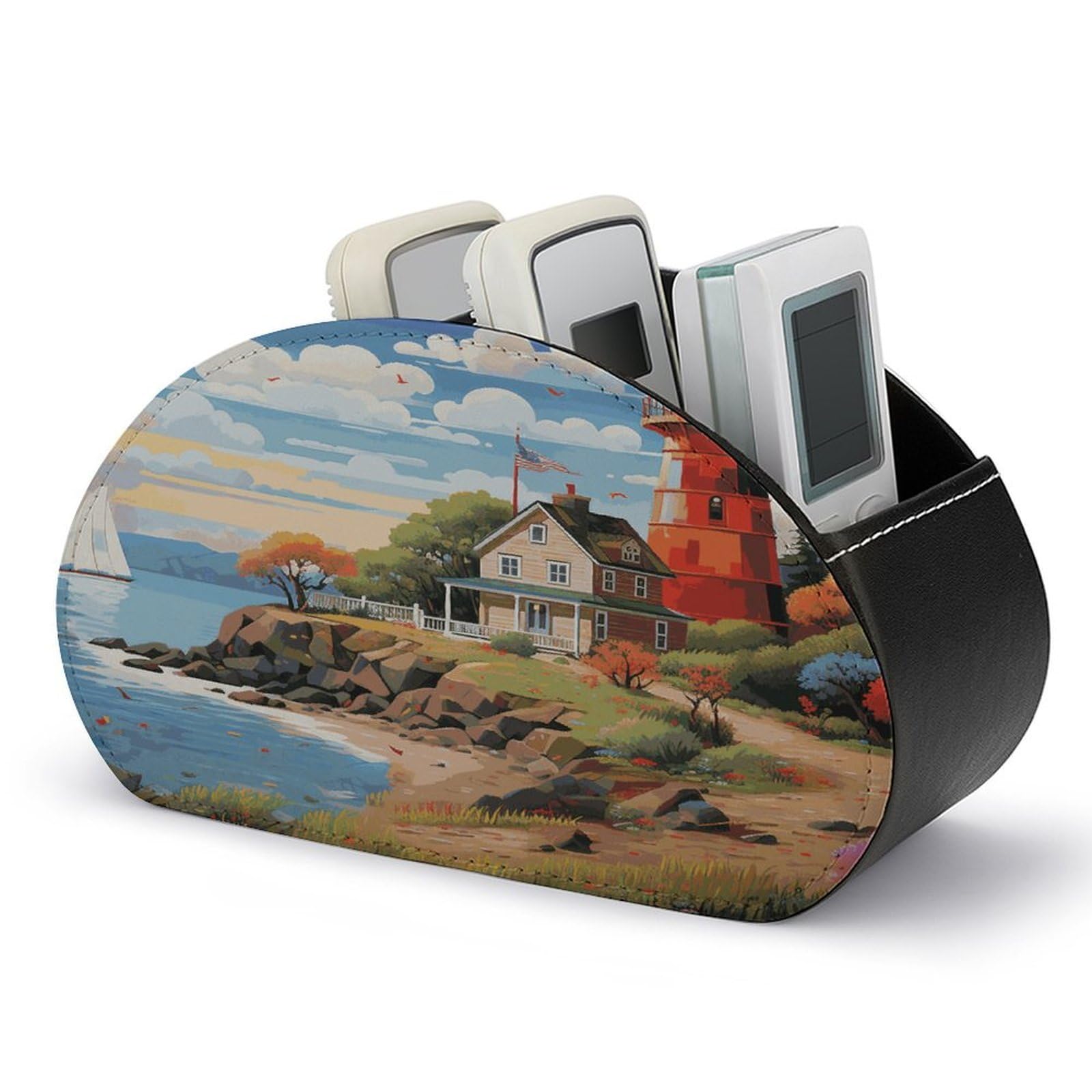 FekiLoot Coastal Lighthouse TV Remote Control Holder with 5 Compartments Multi-functional Leather Bedside Table Remote Caddy Desktop Storage Box for Store Pen Controller Media Player Cosmetic