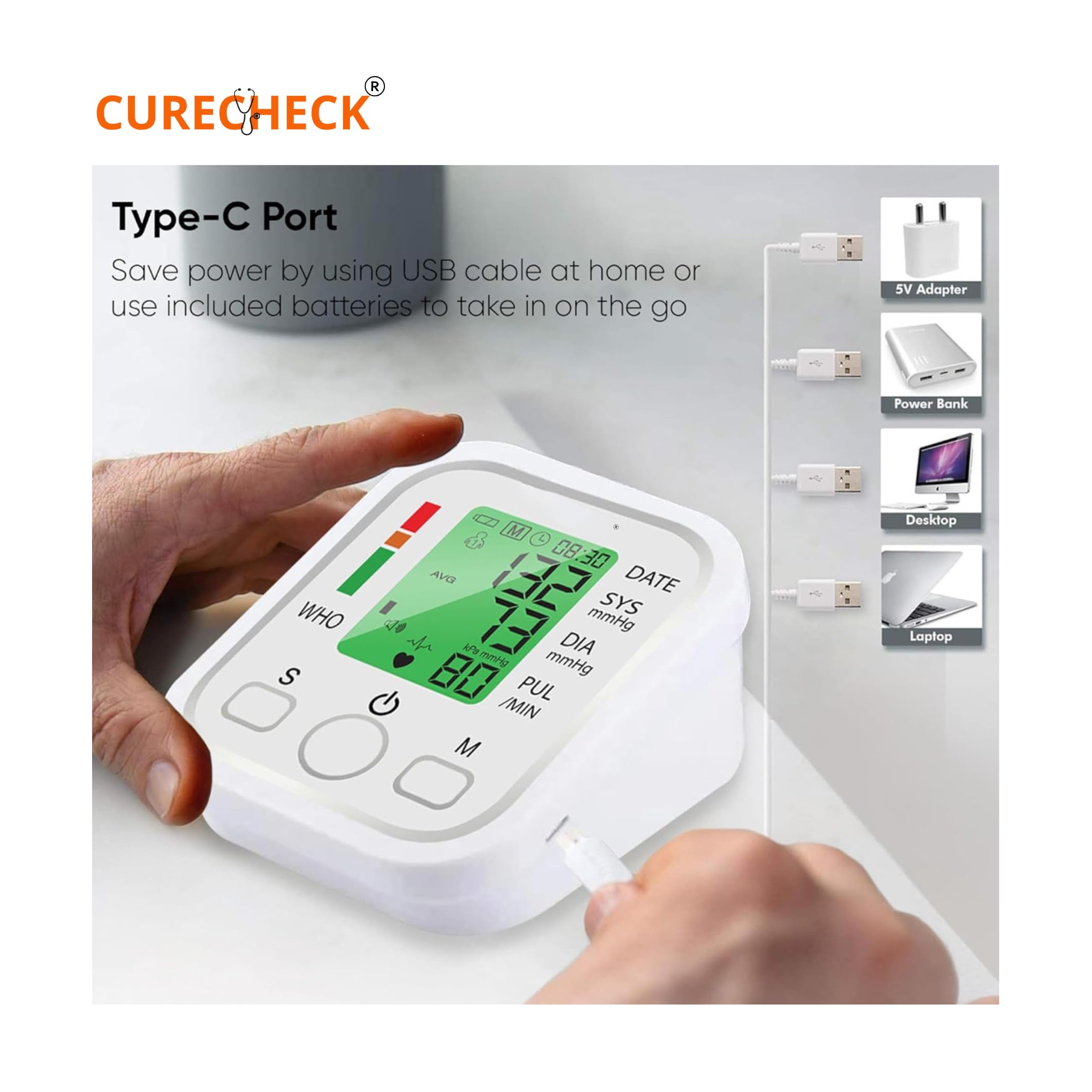 CURECHECK BP Monitor Fully Automatic Blood Pressure Machine to Check Digital Accurate Level for Home Monitoring Device with Talking Function,Large Display + Cuff Kit (White) - Image 5 thumbnail