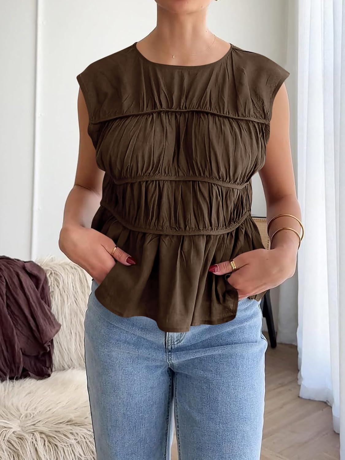 Cicy Bell Womens Cap Sleeve Peplum Tank Tops Summer Babydoll Smocked Cotton Shirts Casual Crew Neck Pleated Blouse - Image 5