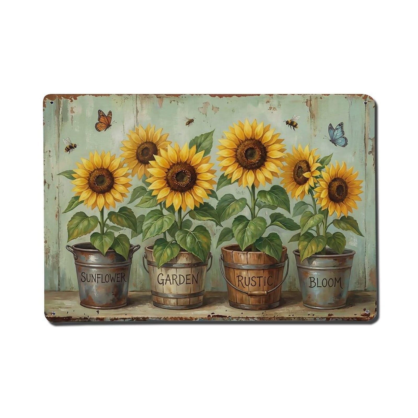 Vintage Rustic Flower Potted Plants Sunflower Metal Tin Sign