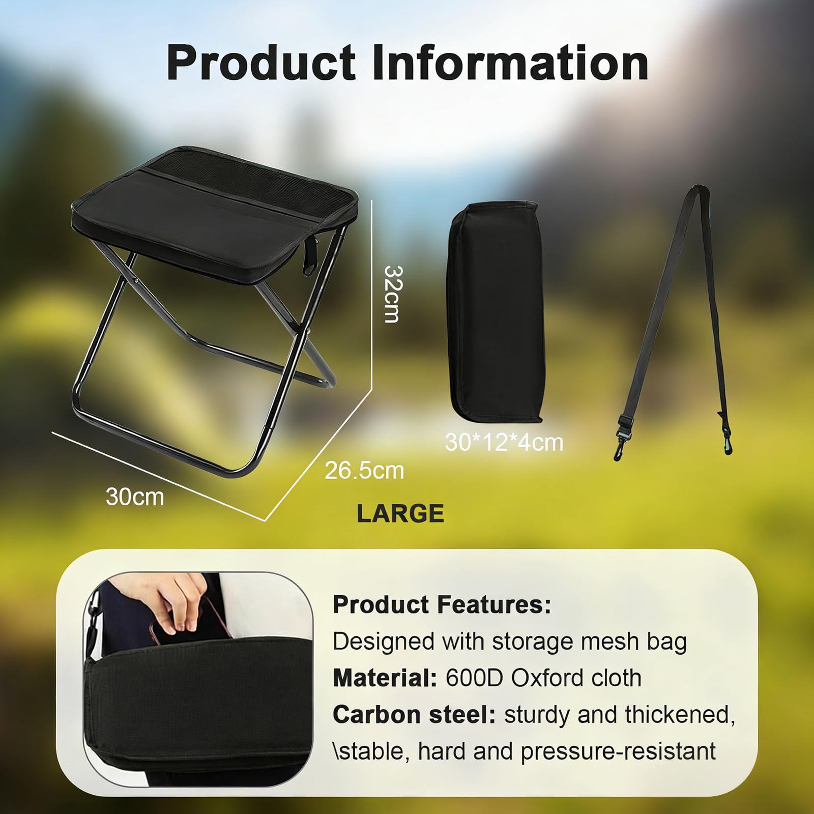 Sgabello Pieghevole a Zaino, Nero Grande - Sedia Pieghevole Portatile con Cinghia, Portata 120kg per Campeggio, Pesca, Escursionismo, Giardino