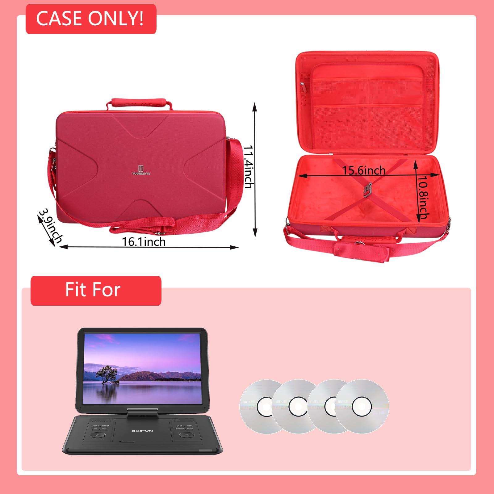 Tourmate PJGCWB - Custodia rigida per lettore DVD portatile Boifout/Popoto/Yoton da 17,5", 16,9", 15,6", PJGCWB 42,9 cm, POFOTO 15,7", scatola in EVA (solo scatola) (rosso scuro)
