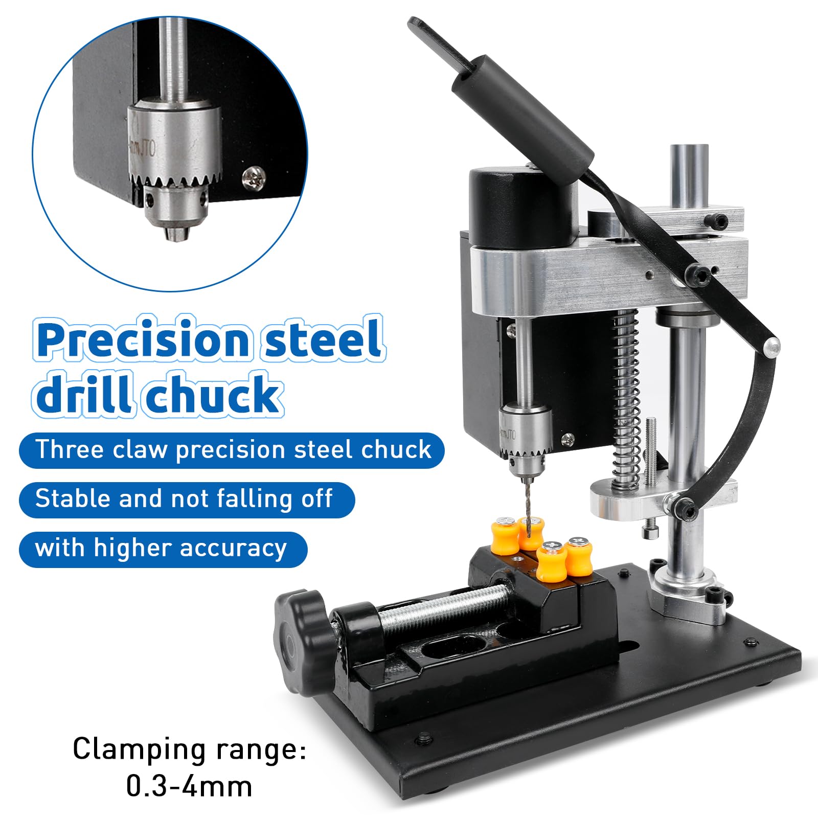 Mini Taladro de Columna, Taladro de banco de 200 W con 7 velocidades, carrera de perforación 50 mm, motor 795 y 0,3-4 mm portabrocas, taladro de mesa de 10000 rpm con tornillo de banco, enchufe UE