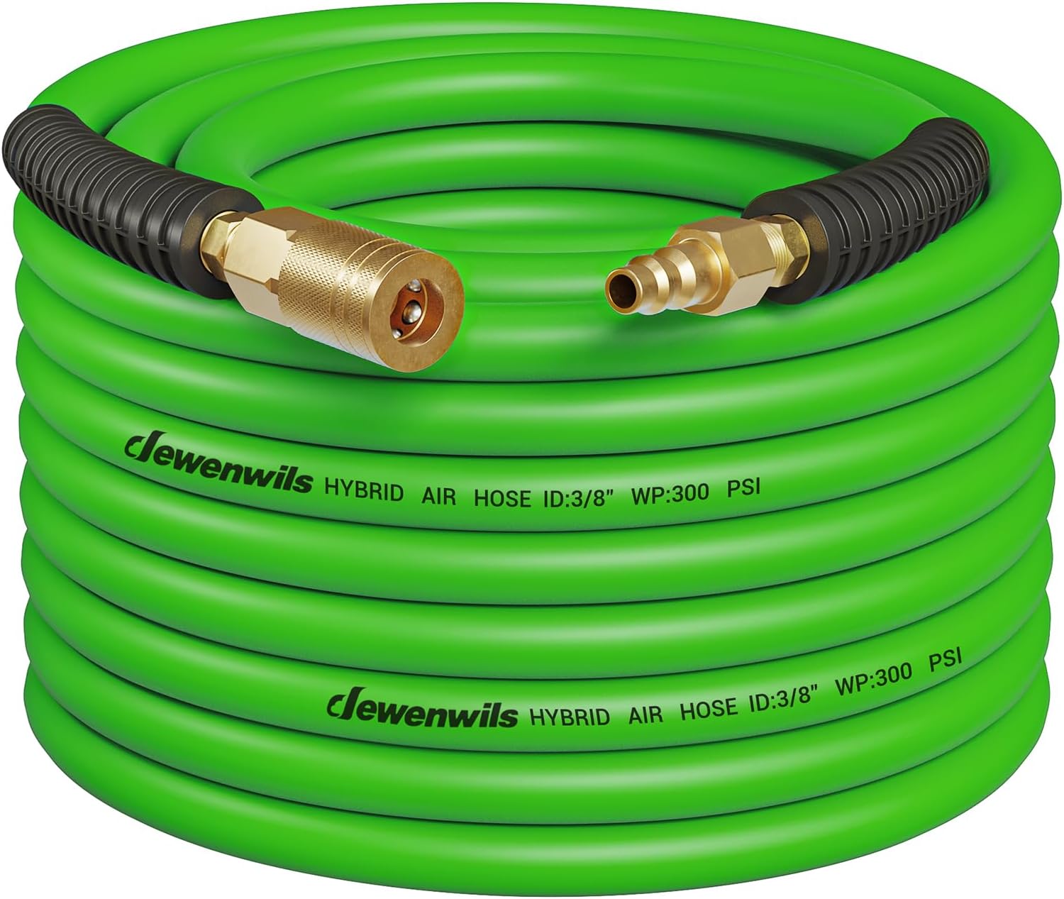DEWENWILS 3/8 Inch x 50FT Hybrid Air Hose 300 PSI, Heavy Duty Air Compressor Hose with 1/4" Industrial Quick Coupler Fittings, Flexible and Kink Resistant Air Hose (Green)