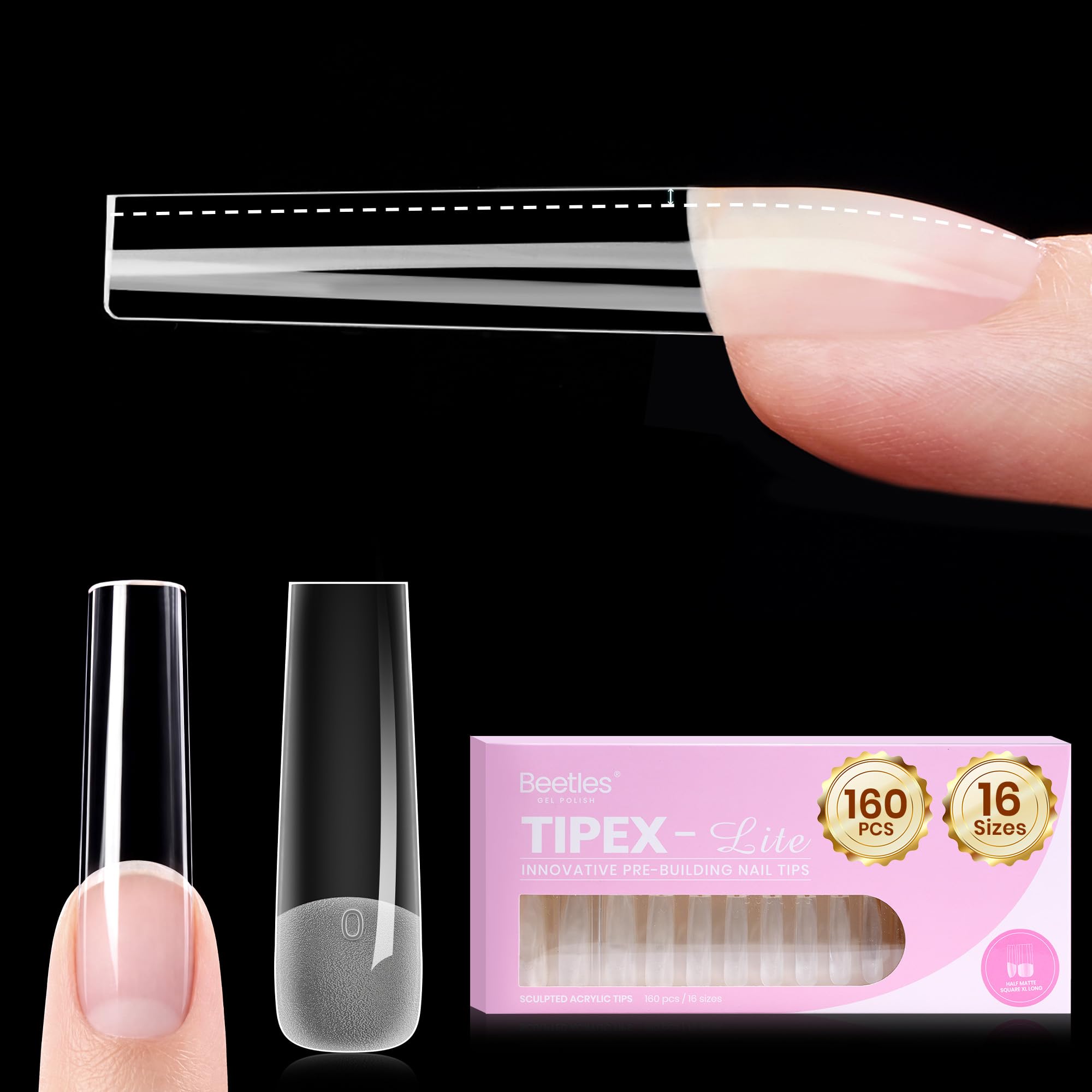 Beetles Gel Polish Beetles Tipex Lite Instant Nail Tips, XXL Square, 160pcs 16 Sizes(00-14)