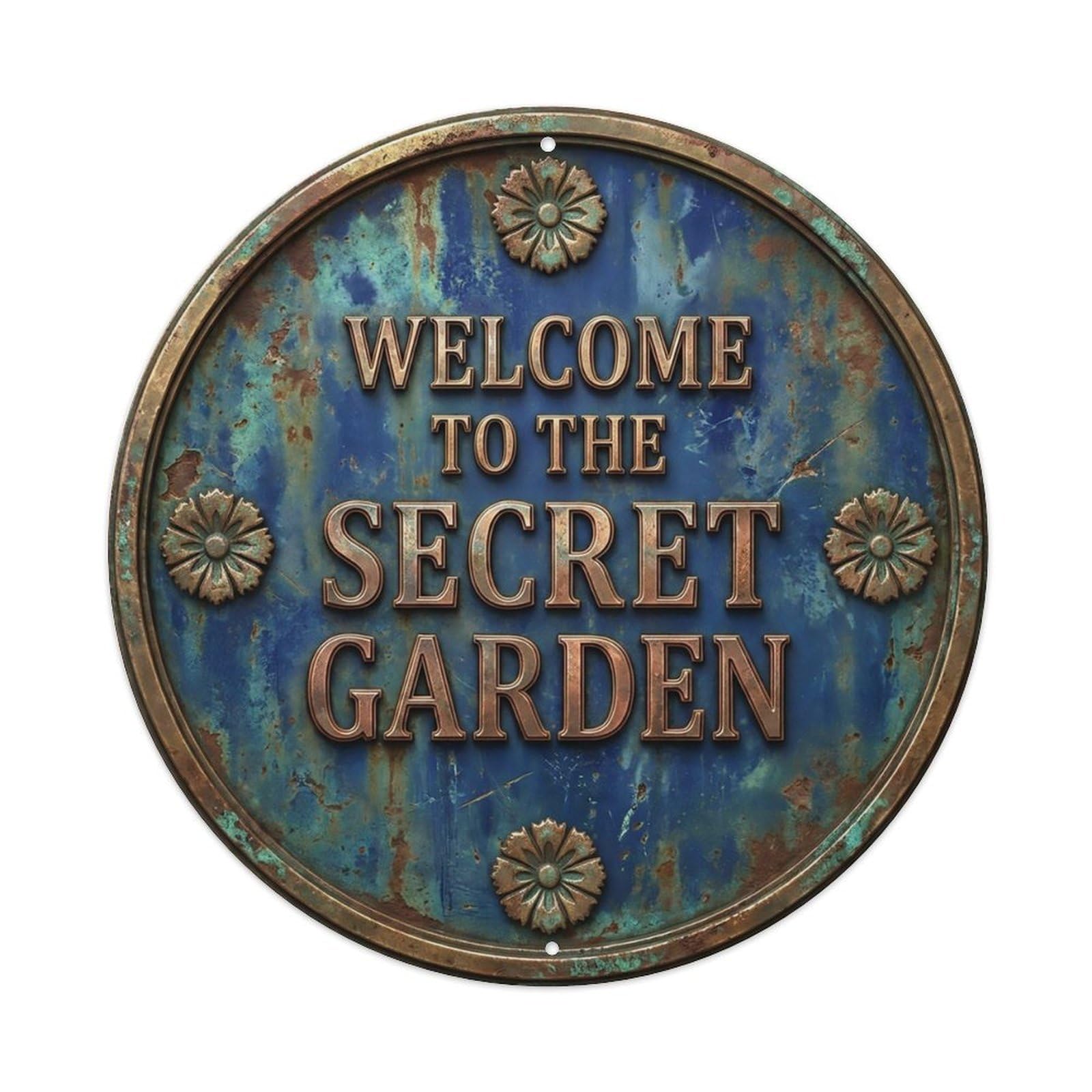 Vintage Welcome Secret Garden Gold Cobalt Carnation Metal Tin Sign