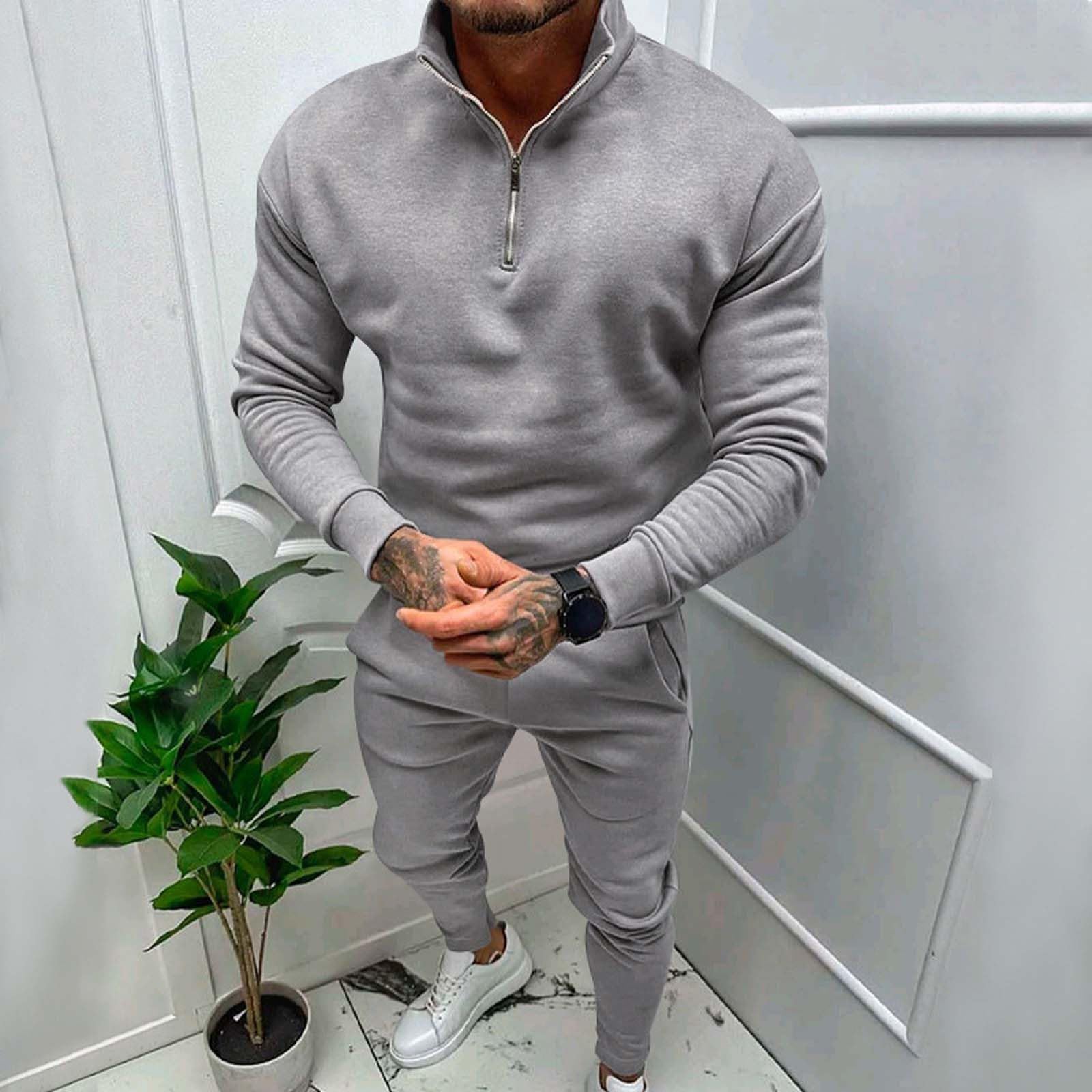 Męski dres treningowy z zamkiem do połowy, 2-częściowy, bluza i joggery, beżowa odzież domowa z wysokim dekoltem, strój dla mężczyzn, miękka bawełniana odzież sportowa, dopasowany krój, wygodny dres