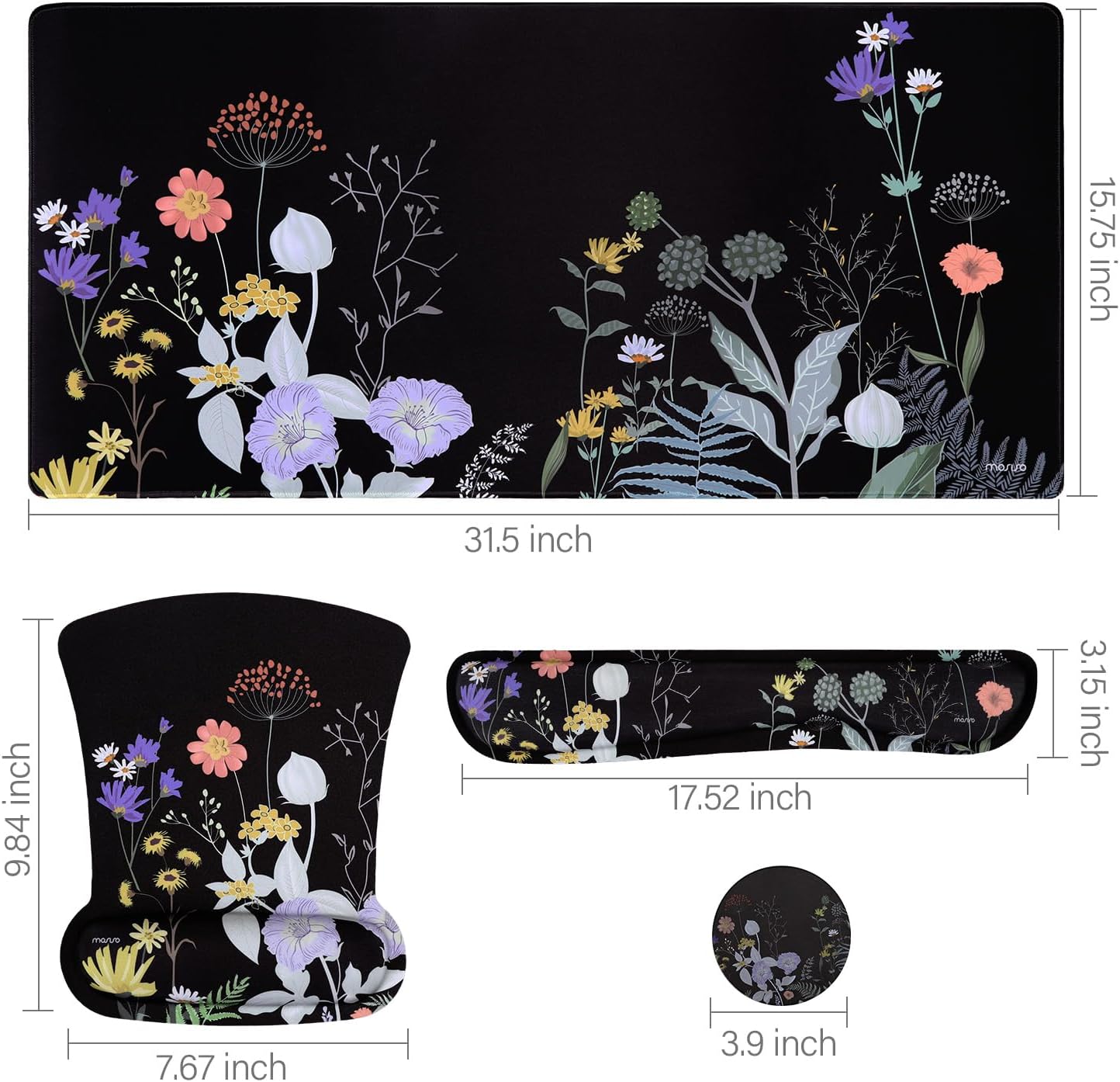 MOSISO 360 Protective Laptop Sleeve Compatible with 13-13.3 inch Notebook,Dainty Flower Mouse Pad&Keyboard&Mouse Wrist Rest&Coaster&Rectangle Quilted Bag with Handle&Pocket&Small Case&Belt, Pink&Black