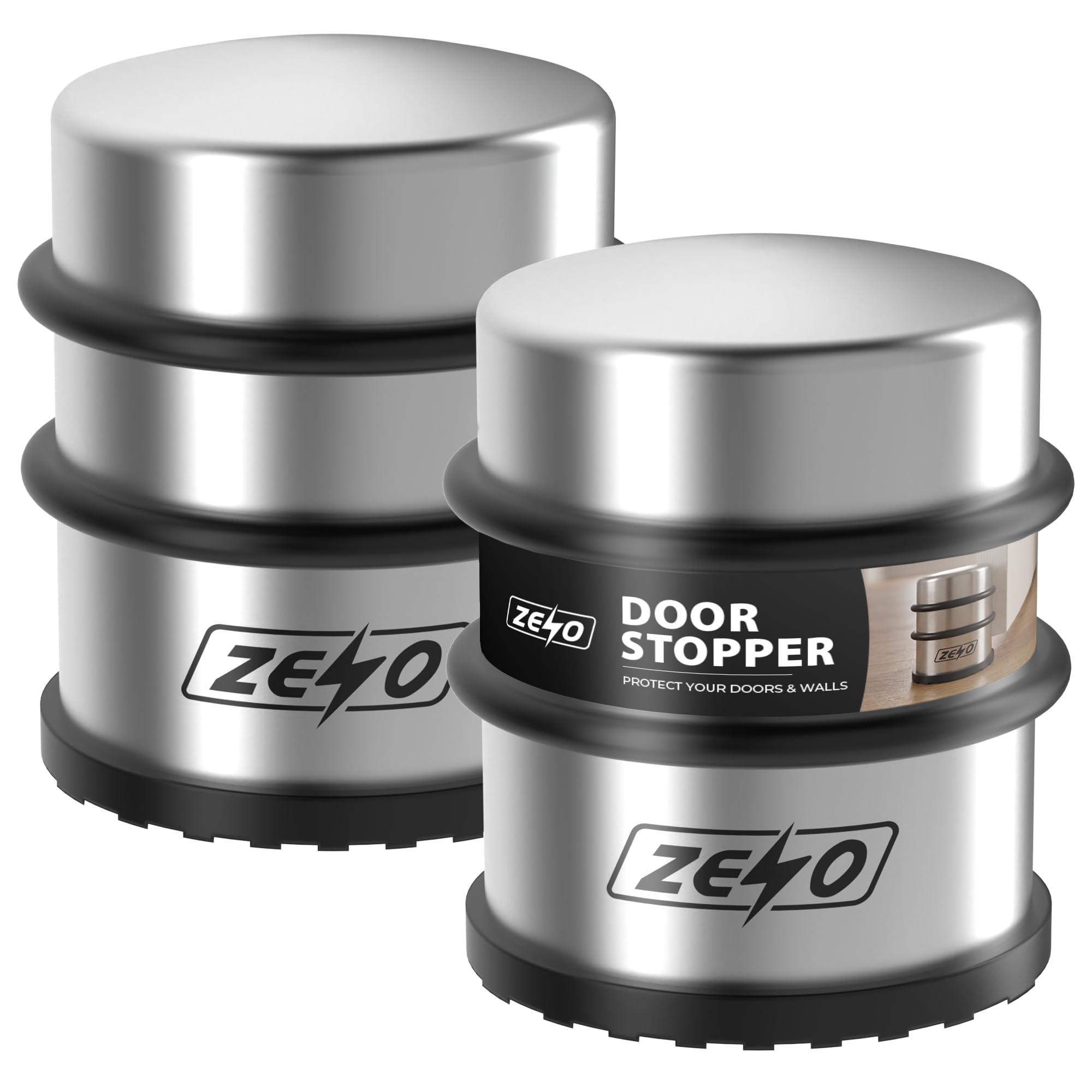 Zeno Chrome Door Stop 2 Pack | Door Stopper | Stainless Steel Door Stoppers For Floor | Door Stopper With Anti Slip Base | Protect Your Doors & Walls | Weighted Door Stop |
