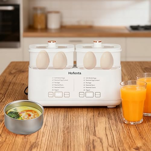 Miniatura 8 de Hofenta Olla eléctrica rápida de huevos de 2 niveles, vaporizador de huevos de 16 huevos con temporizador (0.5-9.5 horas), apagado automático, 6 en
