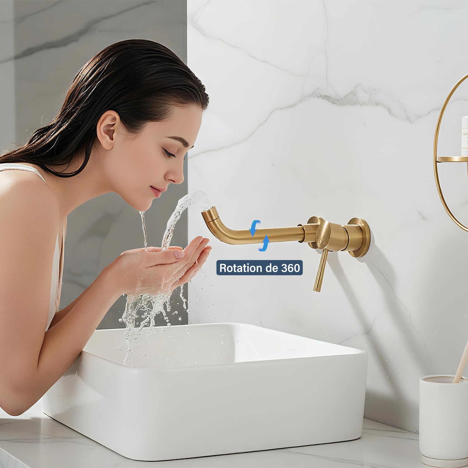 Miscelatore per lavabo a parete girevole a 360 gradi, rubinetto da bagno per vasca e lavabo, rubinetto da incasso, lavabo a parete, design moderno, oro spazzolato