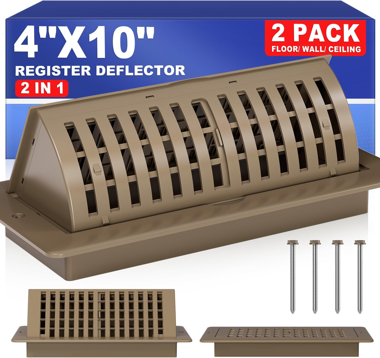 4x10 Floor Register Vent Deflectors, Adjustable Floor Vent Deflectors, Air Vent Deflector Includes Mounting Screws for Wall & Ceiling for Easy Install, 2 In 1 Vent Covers for Home Floor, Brown, 2 Pack
