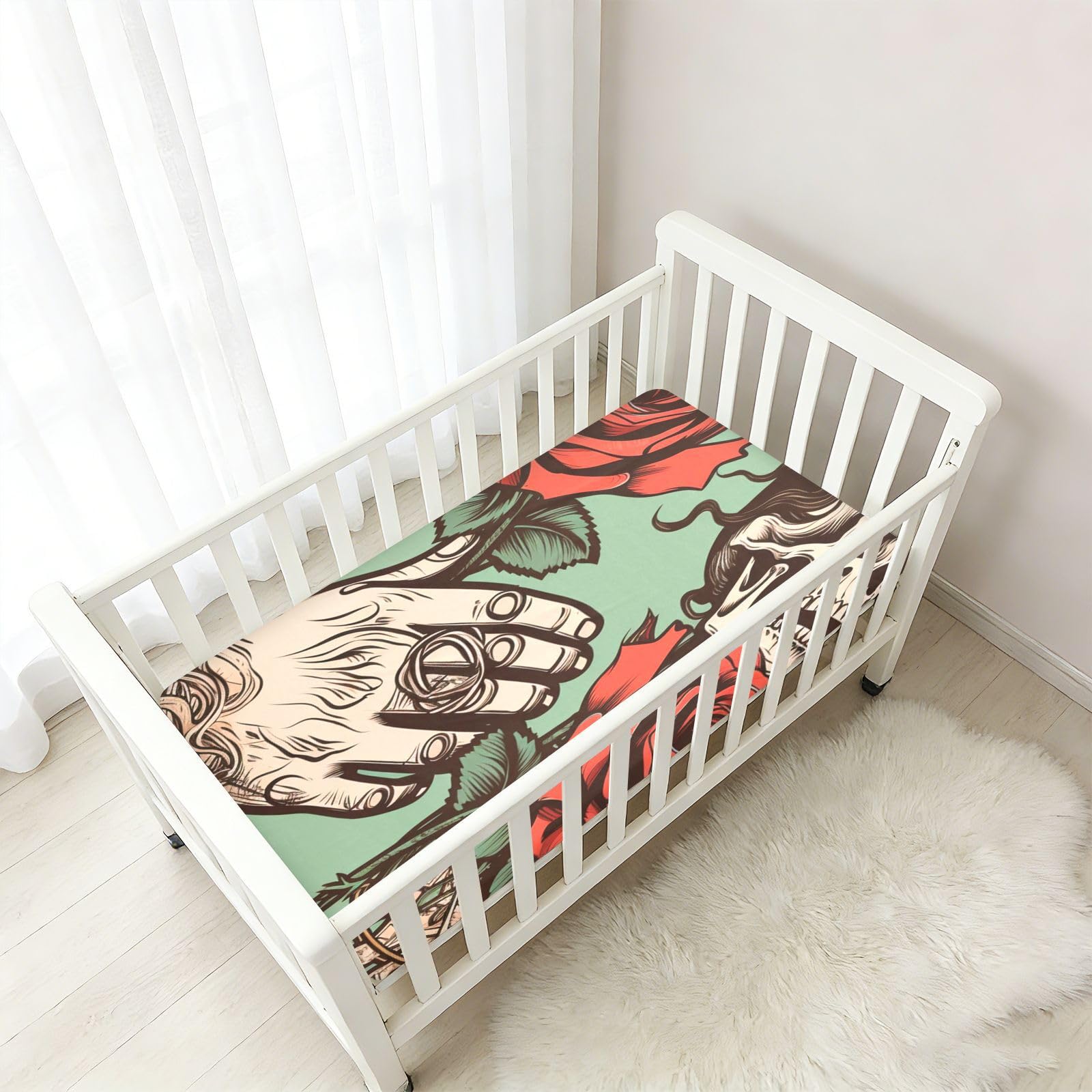 CráNeo Rojo Rosa Mano Sábana de Cuna para Niños Pequeños,Sábanas de Algodón Suave para Bebés Aptas para Colchón Corralito