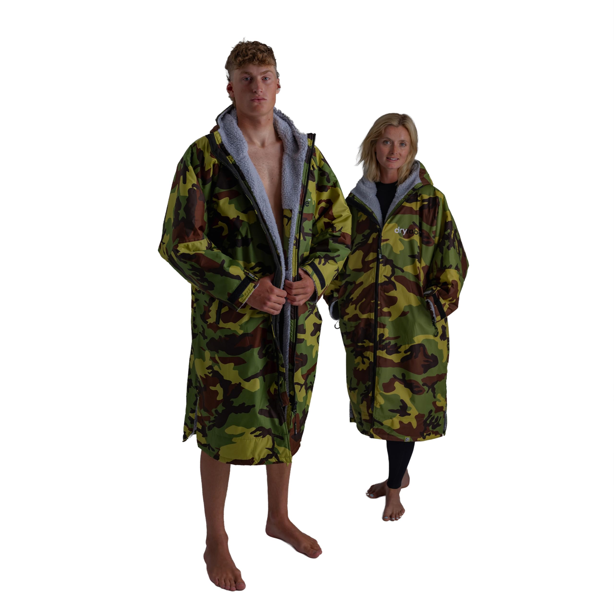 Dryrobe Advance - The Original Long Sleeve Waterproof Changing Robe - Oversized Coat with Fleece Lining - for Beach, Cold Water Wild Swimming, Surfing - Small - Camo/Grey