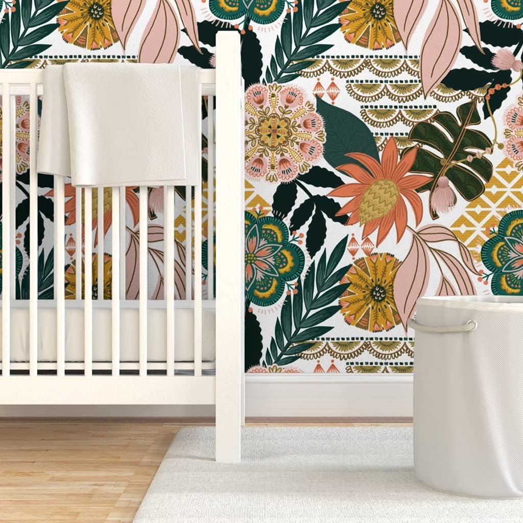 Spoonflower Peel & Stick Wallpaper 3ft x 2ft - Boho Tropical Gold Mustard Mandala Bohemian Coral Botanical Maximalist Paradise Monstera Palms Custom Removable Wallpaper