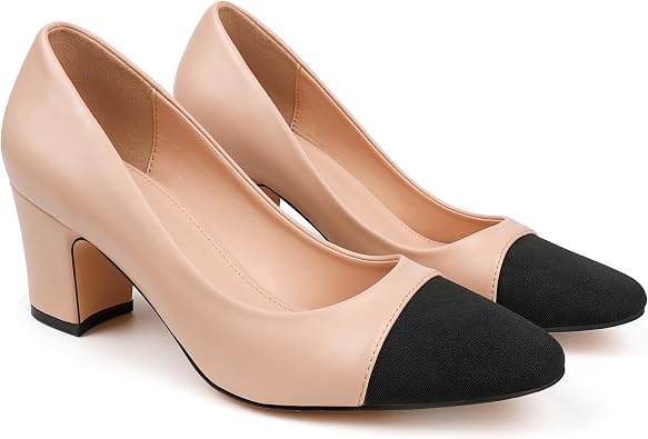 Slingback Heels for Women Chunky Pumps Splicing Round Toe Pumps for Women Office Shoes