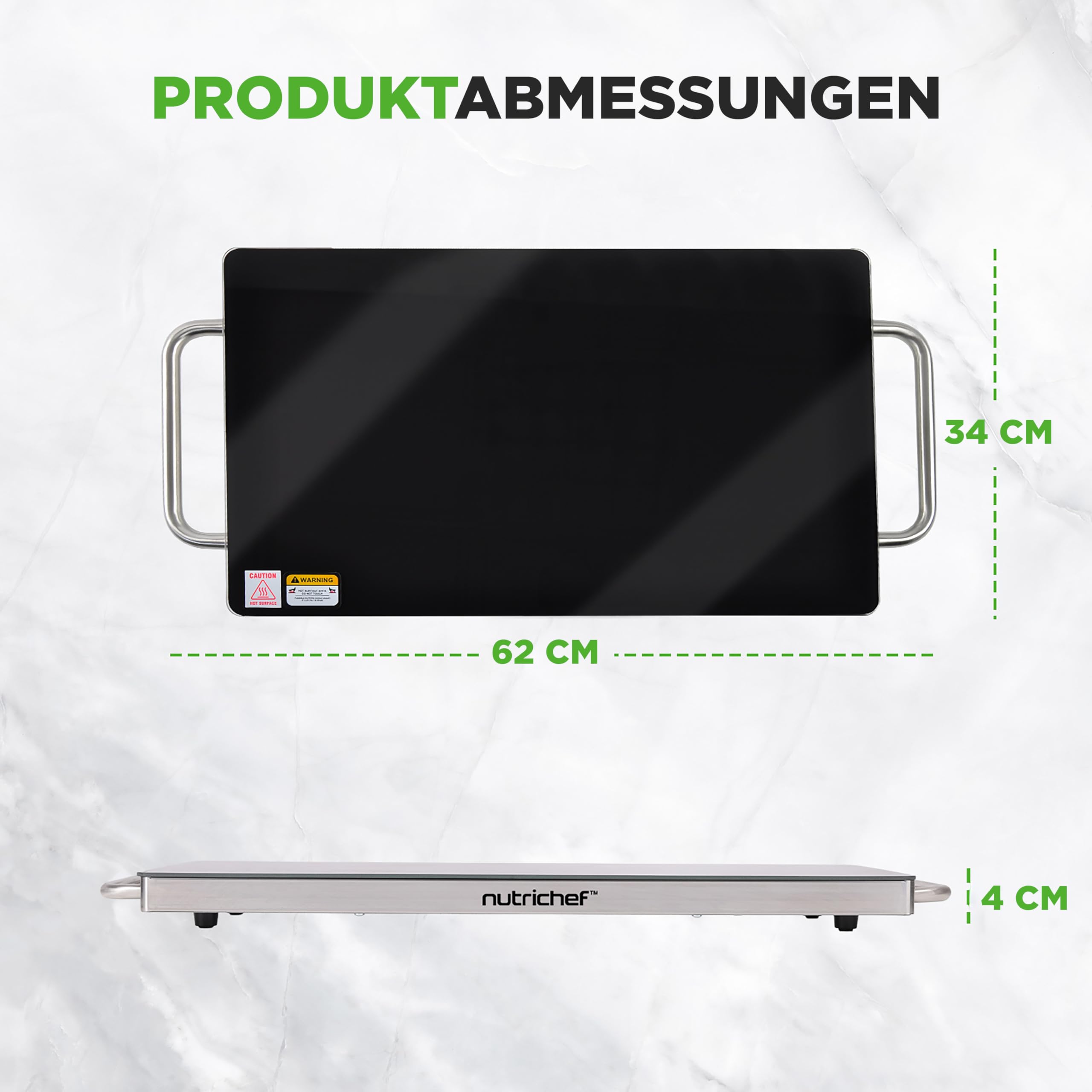 NutriChef Warmhalteplatte Elektrisch 50,8 x 30,5 cm Glas-Kochplatte Schwarz