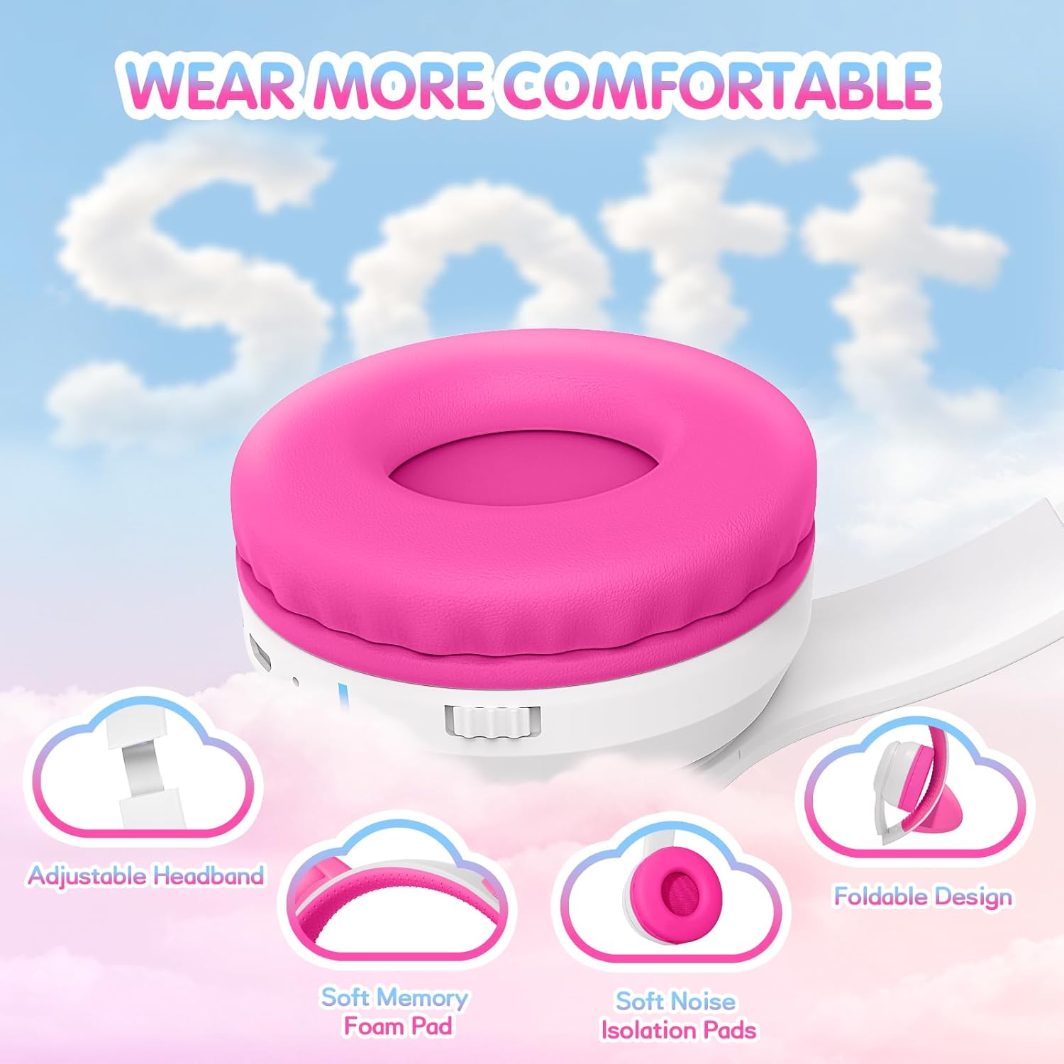 IFECCO Kids Wireless Headphones with Case,Cute LED Light Up Cat Ear Children Girls Bluetooth 6.0 Headphones Volume-limiting for School Travel Gifts thumbnail